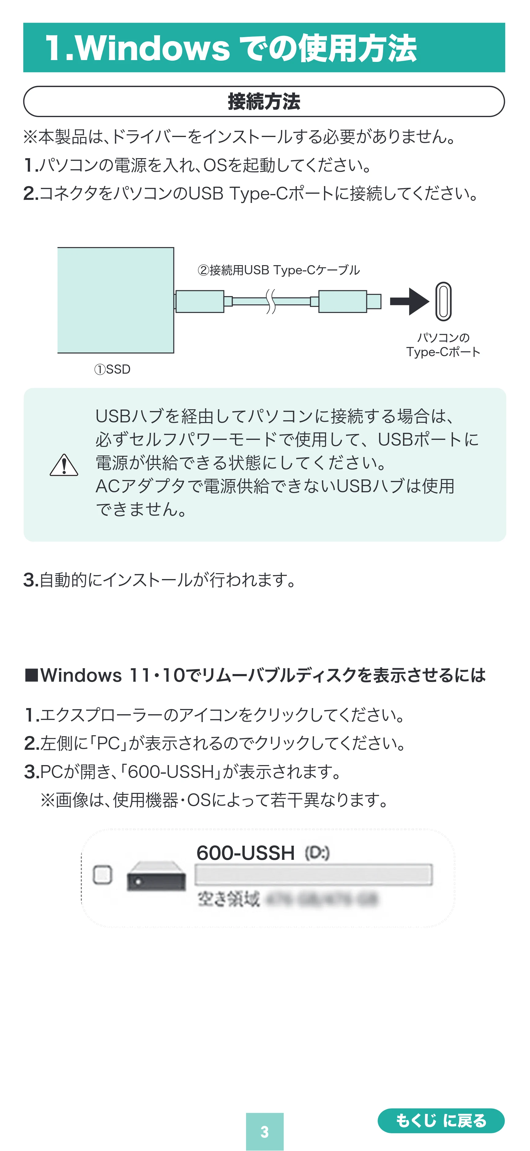 サンワサプライ 600-USSH1TB / 600-USSH512GB / 600-USSH2TB 取扱説明書 — 原本ページ — 3ページ