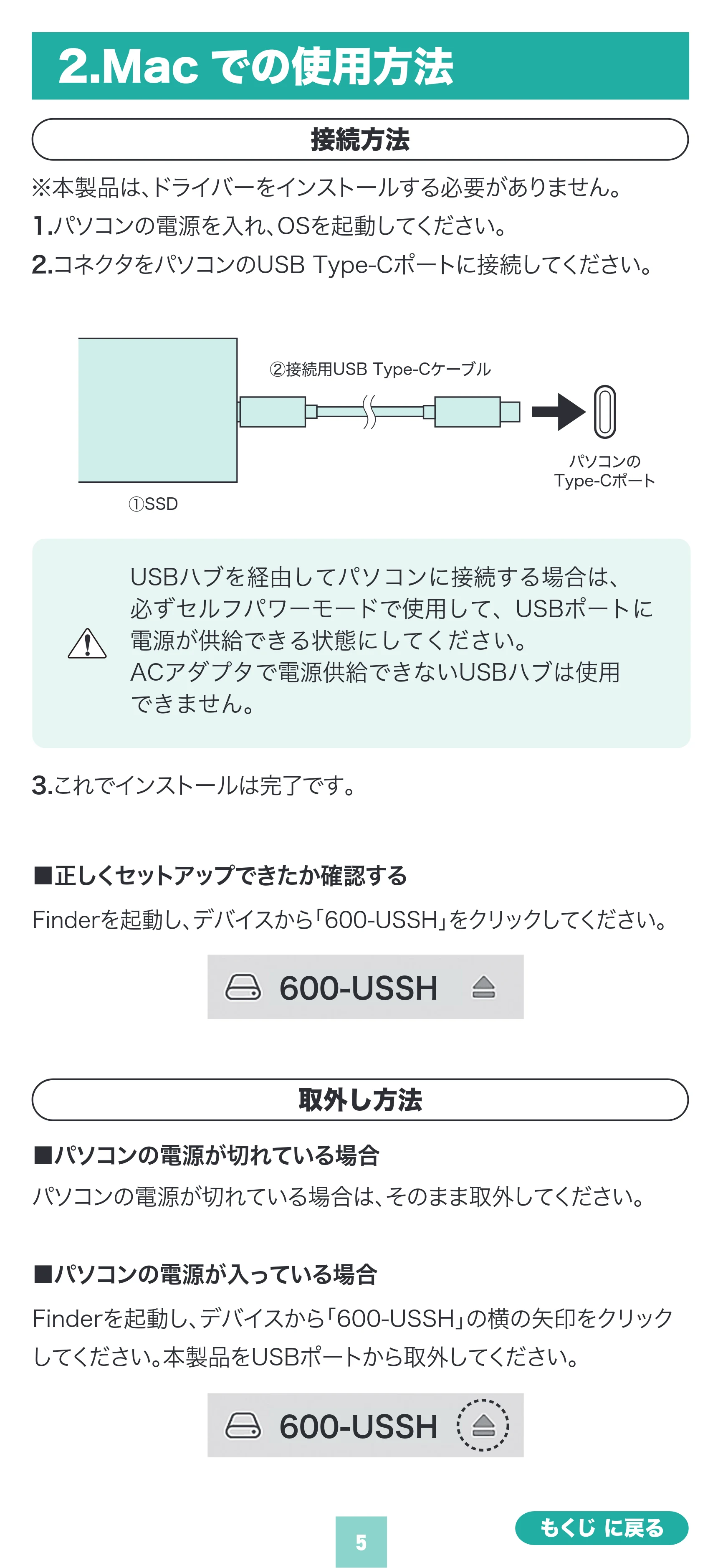 サンワサプライ 600-USSH1TB / 600-USSH512GB / 600-USSH2TB 取扱説明書 — 原本ページ — 5ページ