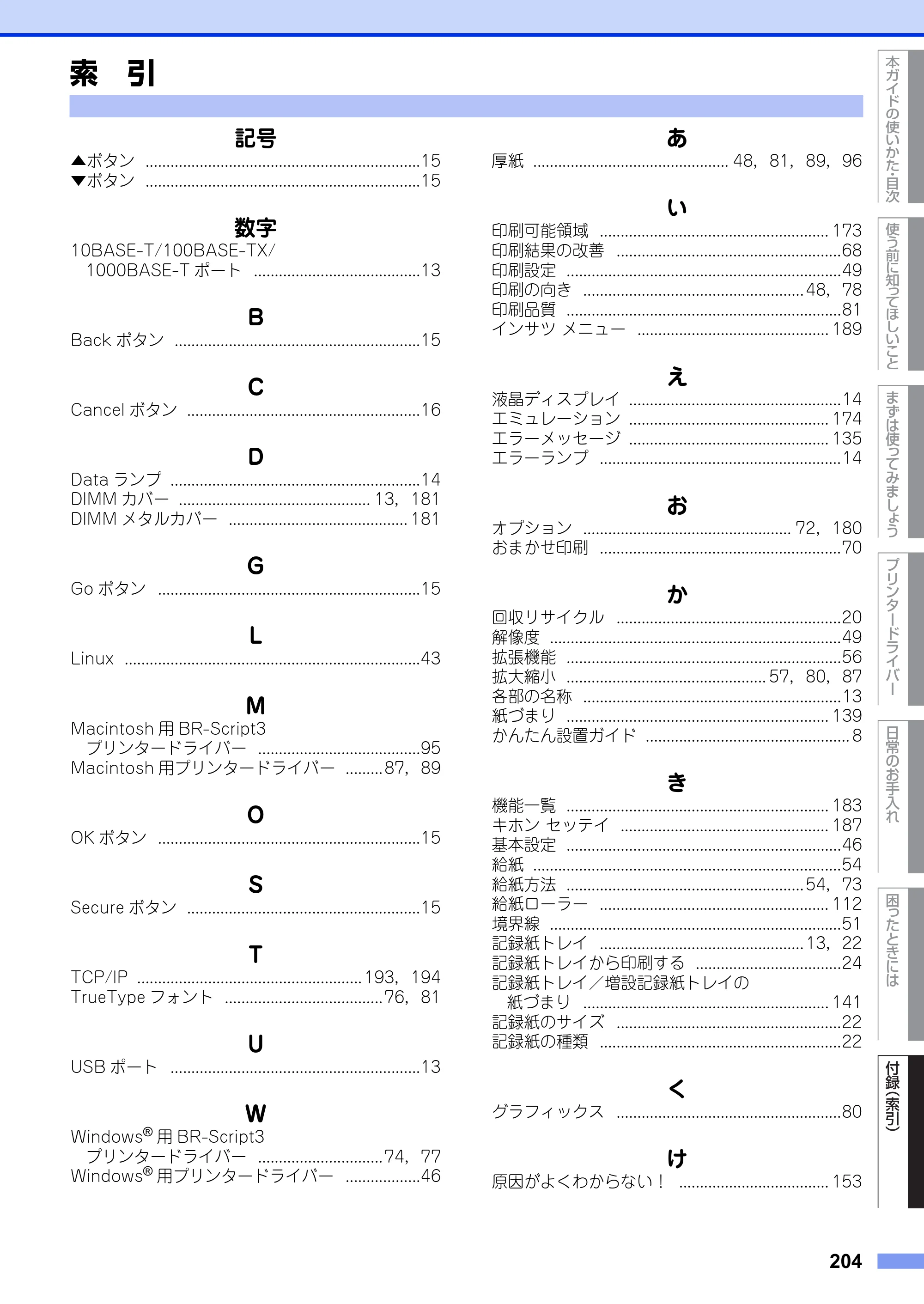 ブラザー HL-6180DW ユーザーズガイド — 索 引 — 原本ページ — 204ページ