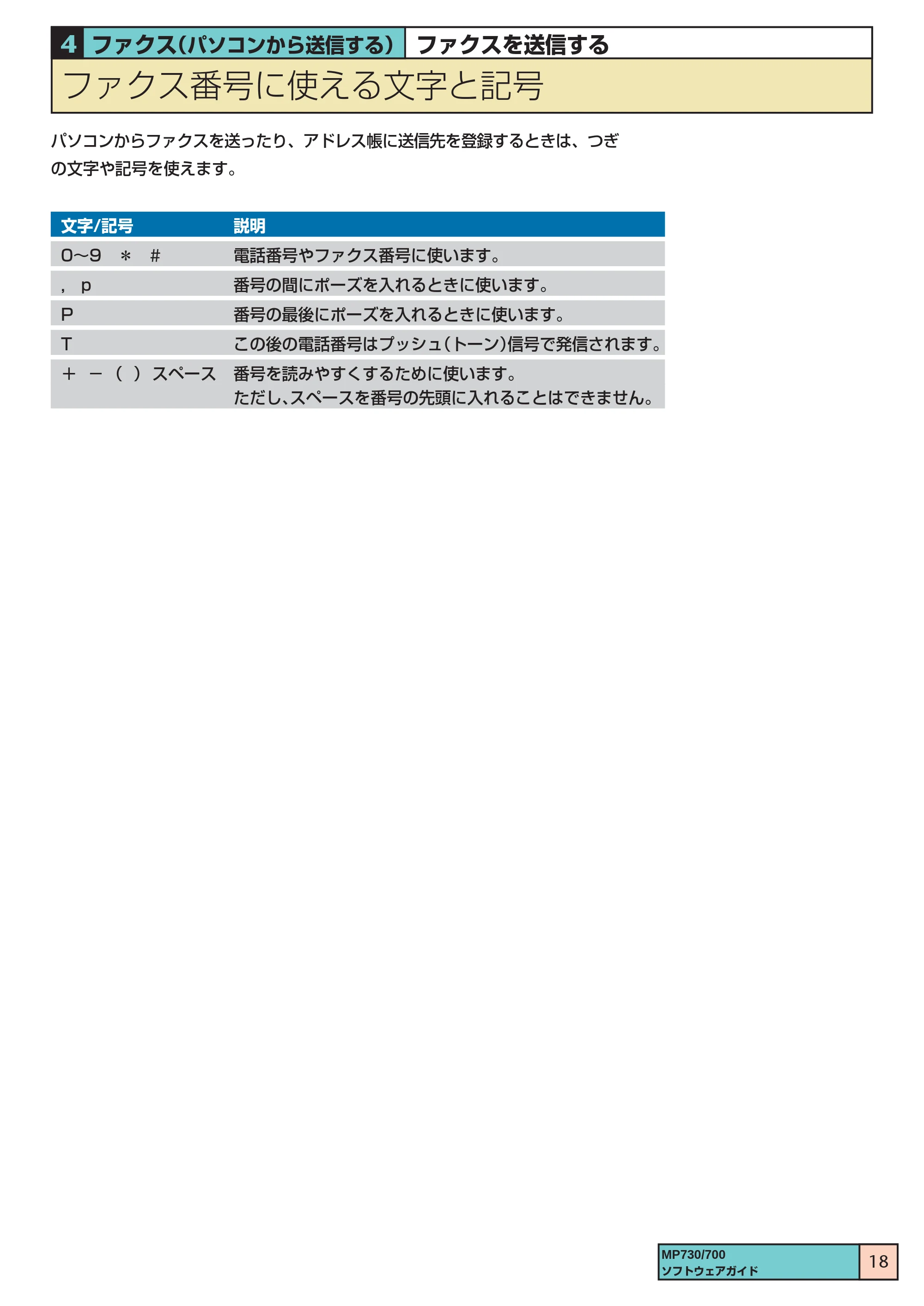 キヤノン PIXUS MP730 ソフトウエアガイド(1) (PDF形式/0.76Mバイト) — ファクス番号に使える文字と記号 — 原本ページ — 18ページ