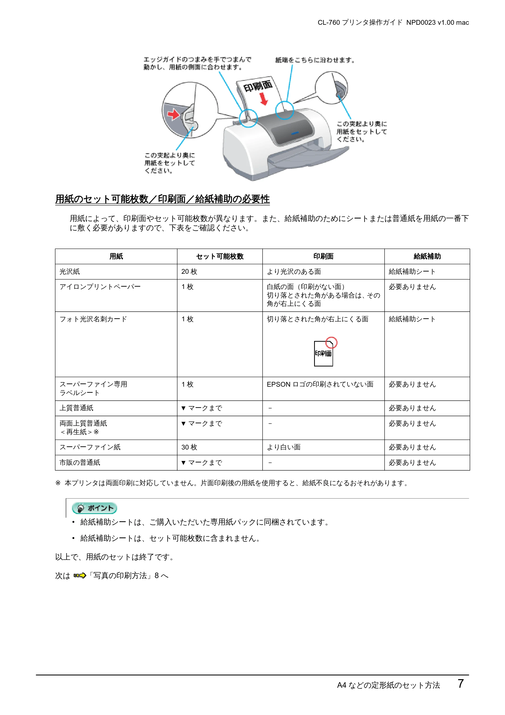 エプソン CL-760 プリンタ操作ガイド(Macintosh版) — A4 などの定形紙のセット方法 7 — 原本ページ — 7ページ