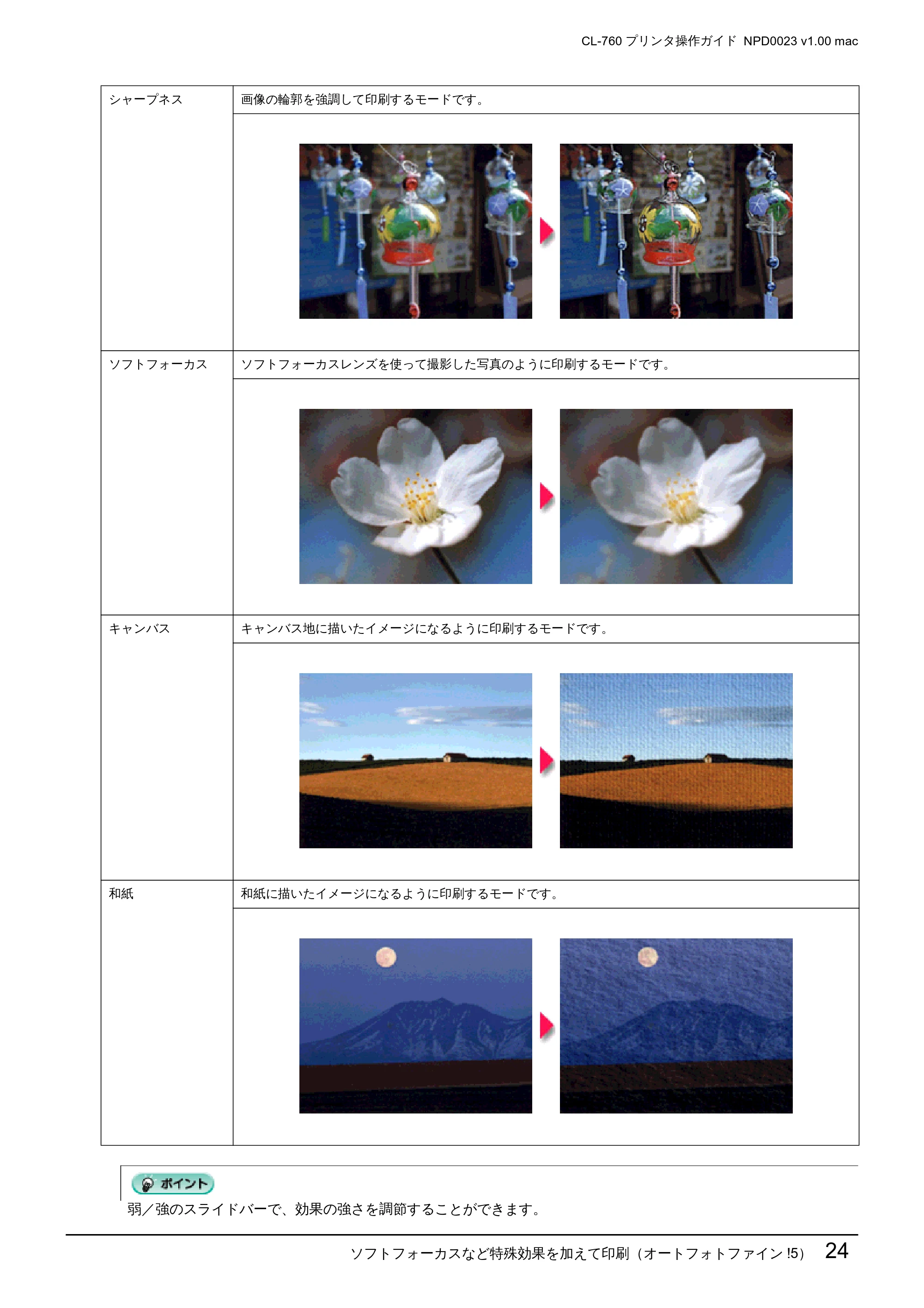 エプソン CL-760 プリンタ操作ガイド(Macintosh版) — ソフトフォーカスなど特殊効果を加えて印刷(オートフォトファイン!5)24 — 原本ページ — 24ページ