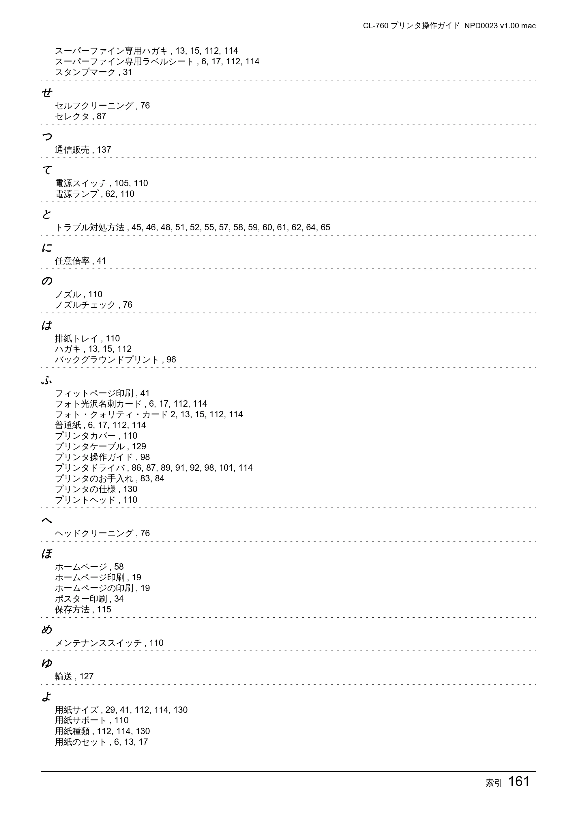 エプソン CL-760 プリンタ操作ガイド(Macintosh版) — 索引161 — 原本ページ — 161ページ