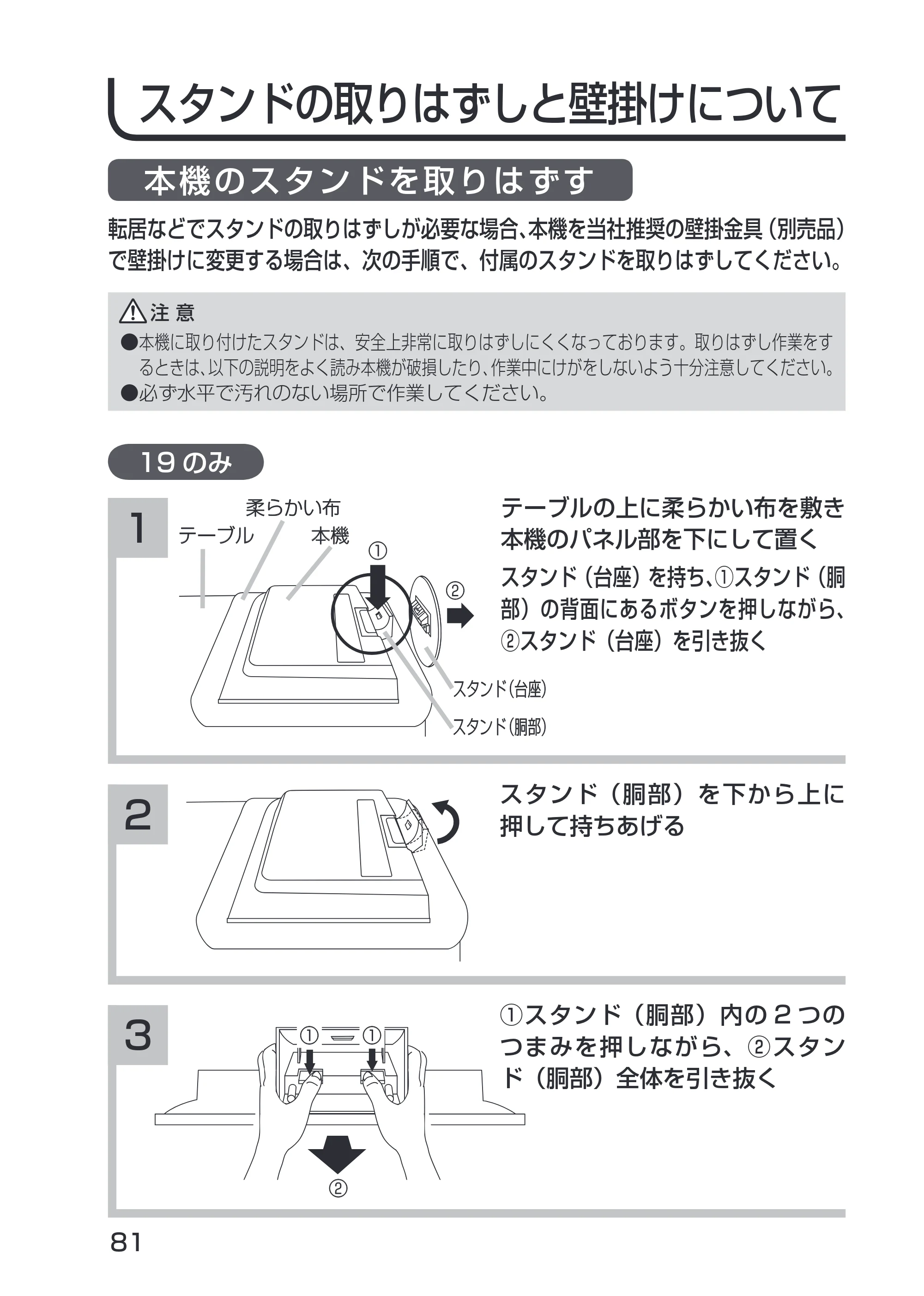 日立 19LM-W1 / 17LM-1 取扱説明書 — スタンドの取りはずしと壁掛けについて — 原本ページ — 11ページ