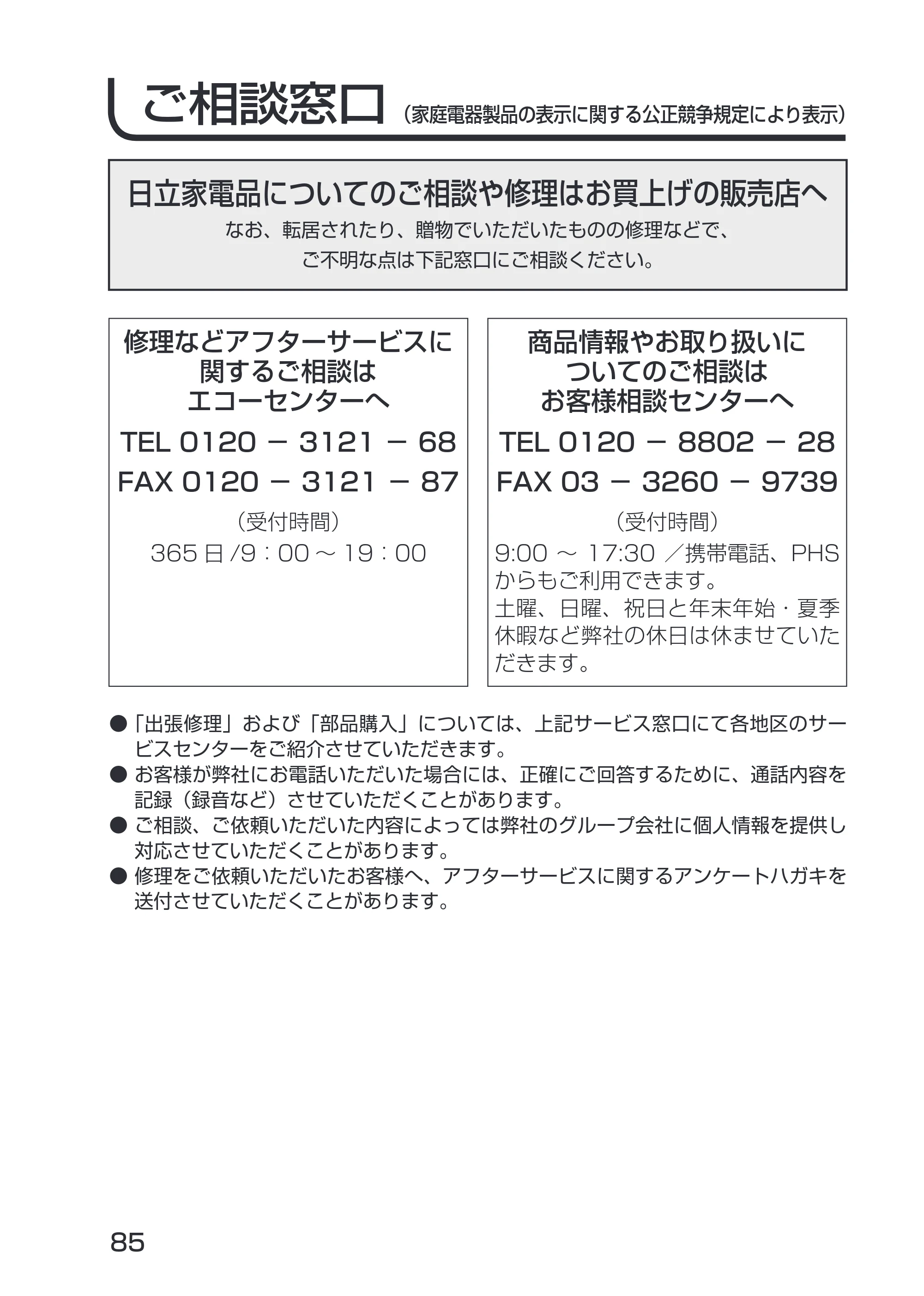 日立 19LM-W1 / 17LM-1 取扱説明書 — ご相談窓口 — 原本ページ — 15ページ
