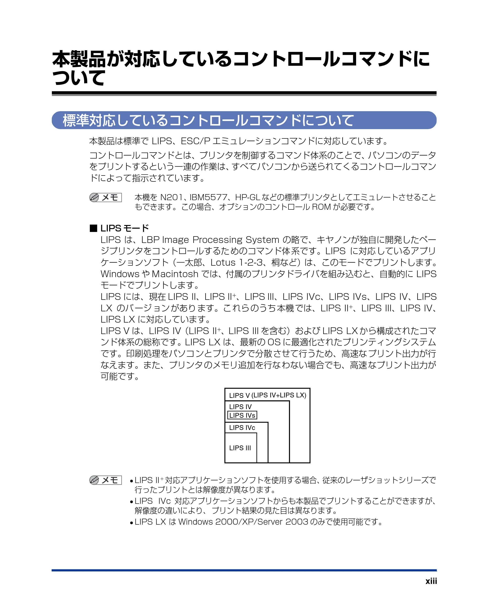キヤノン LBP5900SE LIPS機能ガイド 2006年11月15日掲載 （PDF形式／4.82Mバイト） — 本製品が対応しているコントロールコマンドについて — 原本ページ — 15ページ