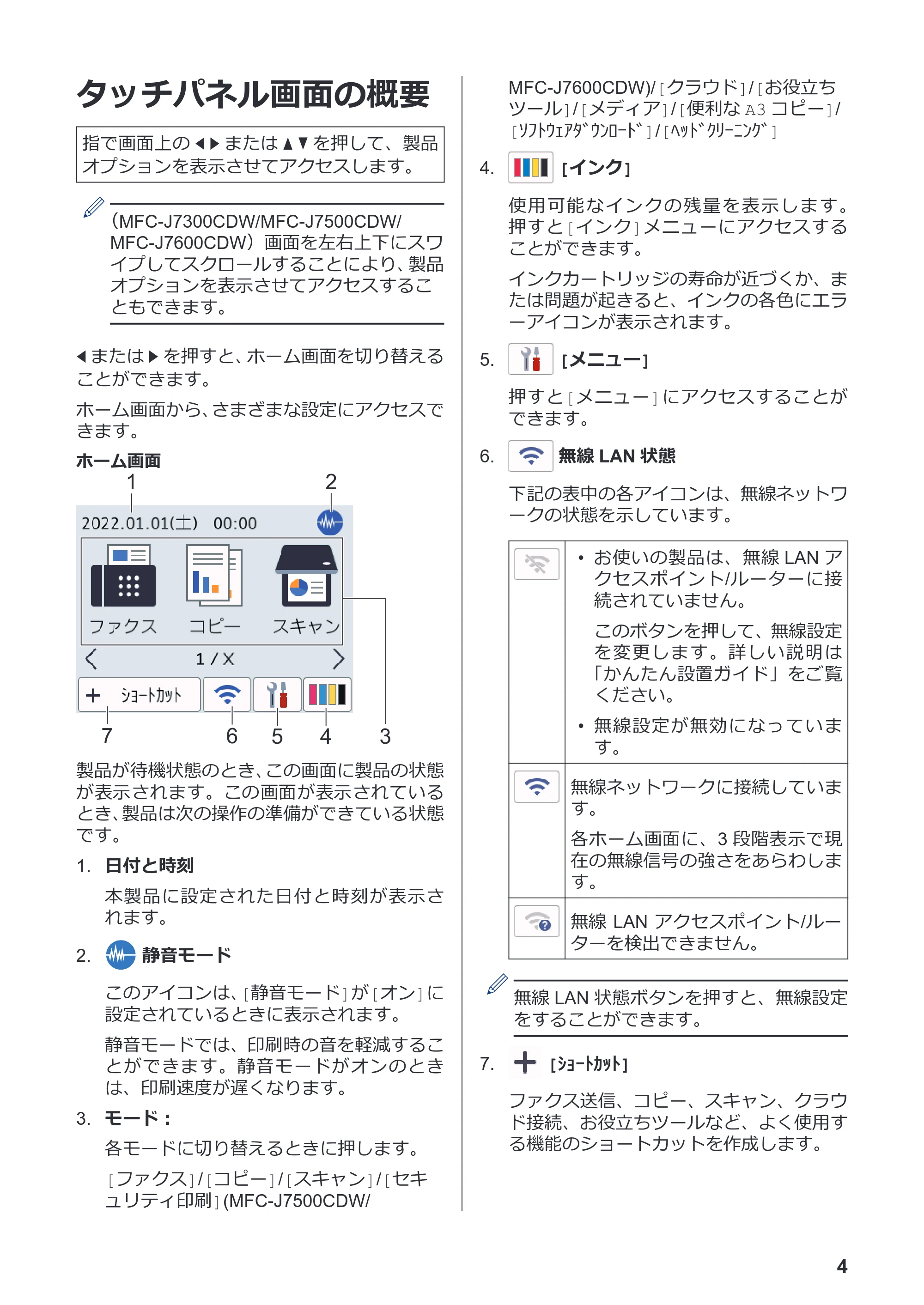 ブラザー MFC-J7100CDW / MFC-J7300CDW / MFC-J7500CDW かんたん操作ガイド — タッチパネル画面の概要 — 原本ページ — 5ページ