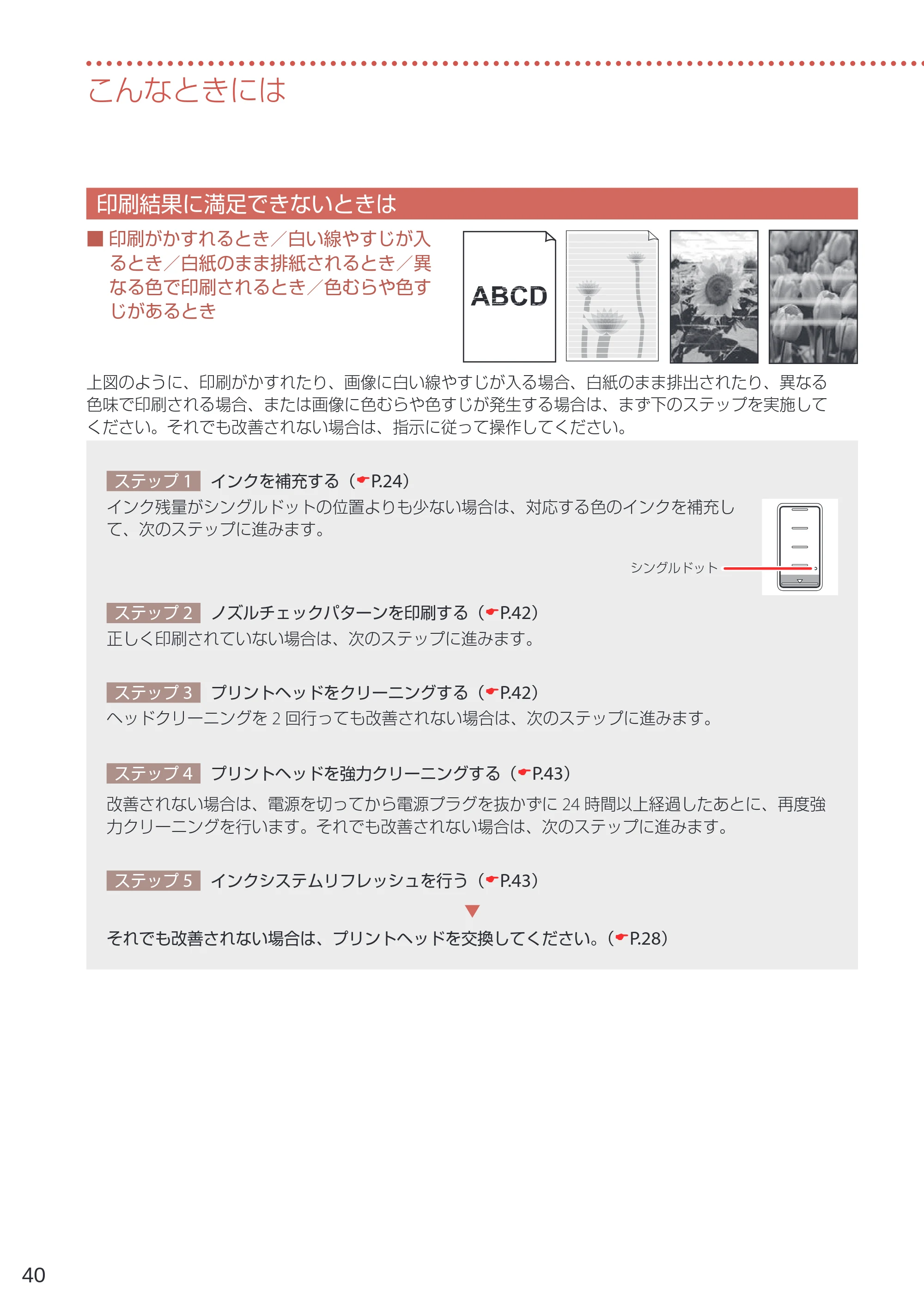 キヤノン G5030 設置・基本操作マニュアル 2022年2月15日掲載（PDF：6.75MB） — 印刷結果に満足できないときは — 原本ページ — 42ページ