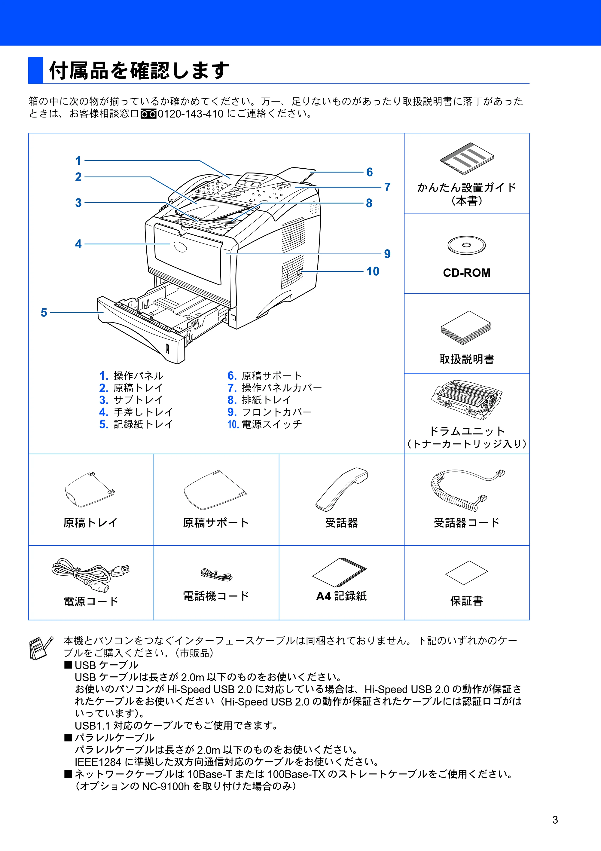 ブラザー MFC-8210J かんたん設置ガイド — 付属品を確認します — 原本ページ — 3ページ