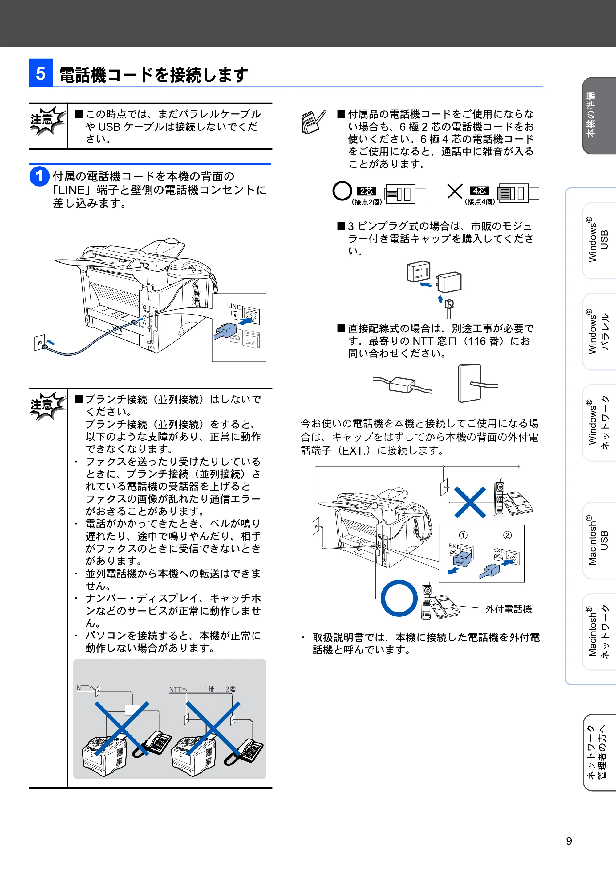 ブラザー MFC-8210J かんたん設置ガイド — 電話機コードを接続します — 原本ページ — 9ページ