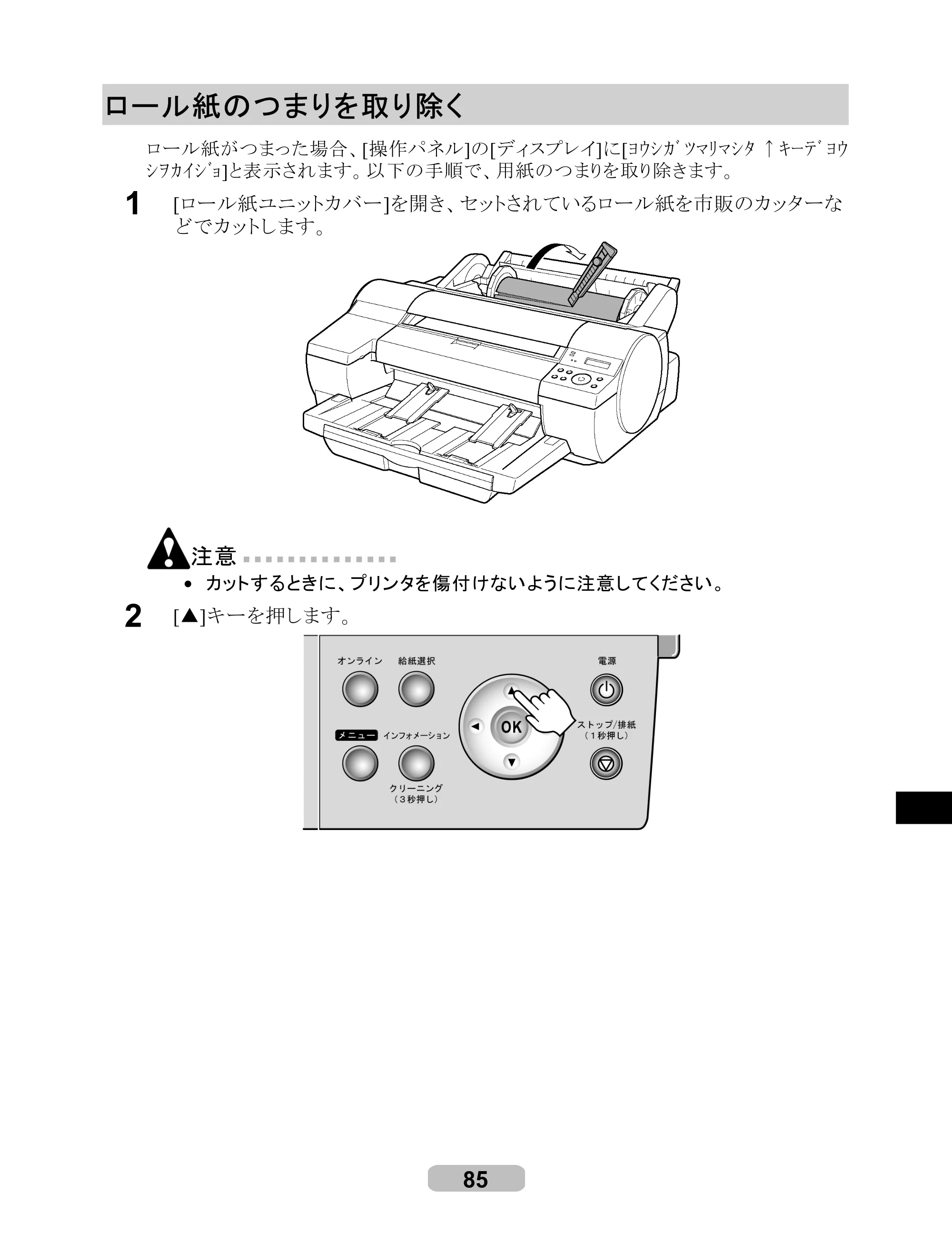 キヤノン iPF510/5100 リファレンスガイド （PDF形式／5.26Mバイト） — ロール紙のつまりを取り除く — 原本ページ — 85ページ