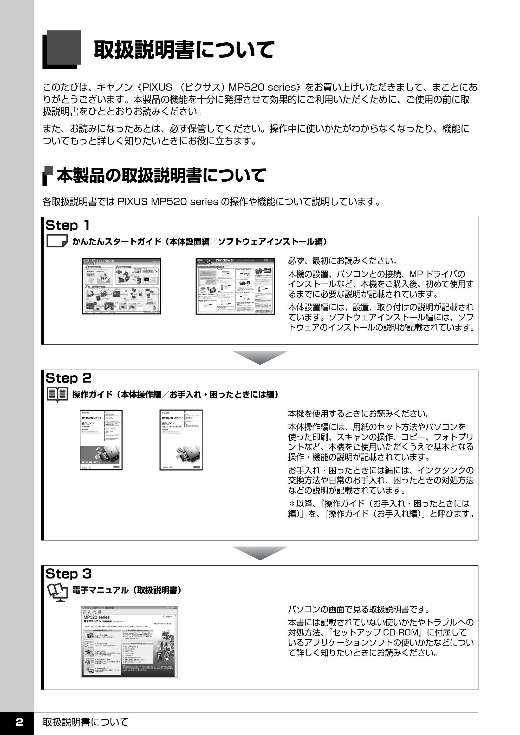 キヤノン PIXUS MP520 操作ガイド(本体操作編) (PDF形式/11.67Mバイト) — 取扱説明書について — 原本ページ — 4ページ