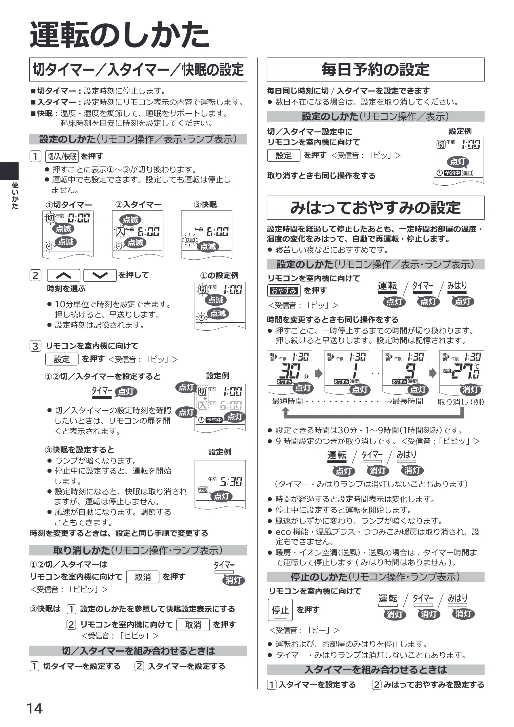 日立 RAS-XK2527S / RAS-XK2827D / RAS-XK4027D 取扱説明書 — 切タイマー/入タイマー/快眠の設定 — 図版 14-1 — 14ページ