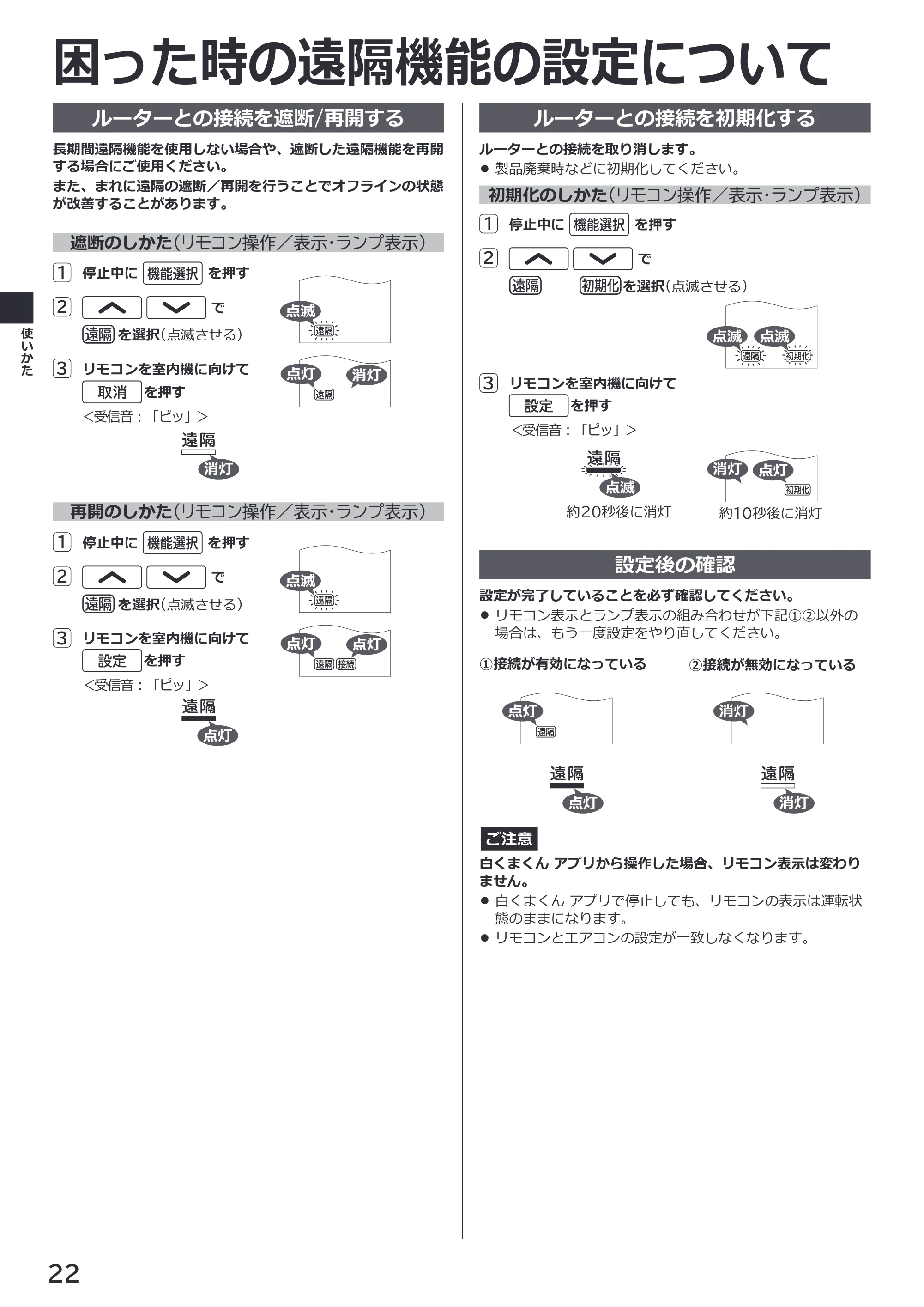 日立 RAS-XK2527S / RAS-XK2827D / RAS-XK4027D 取扱説明書 — 困った時の遠隔機能の設定について — 原本ページ — 22ページ
