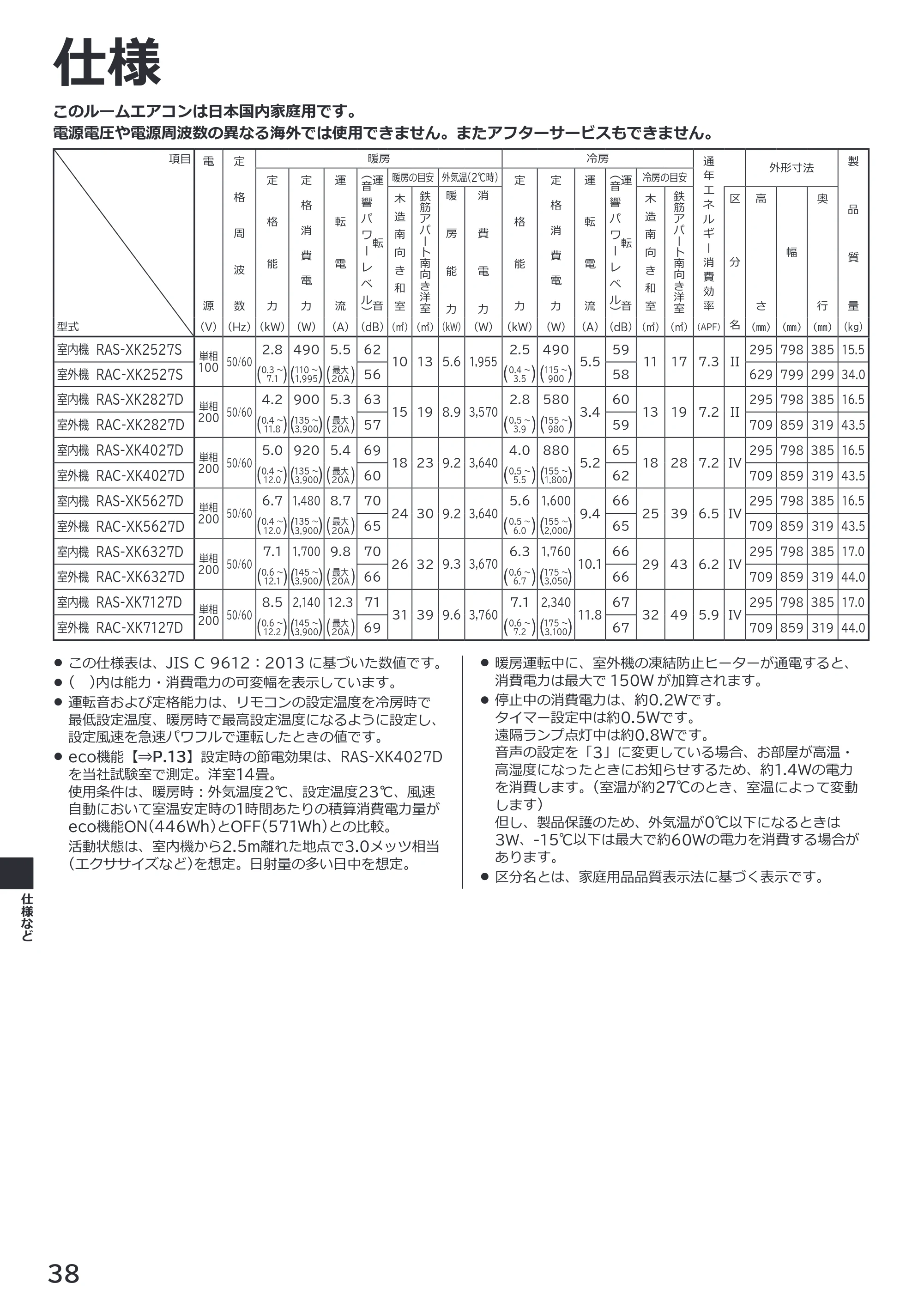 日立 RAS-XK2527S / RAS-XK2827D / RAS-XK4027D 取扱説明書 — 仕様 — 原本ページ — 38ページ