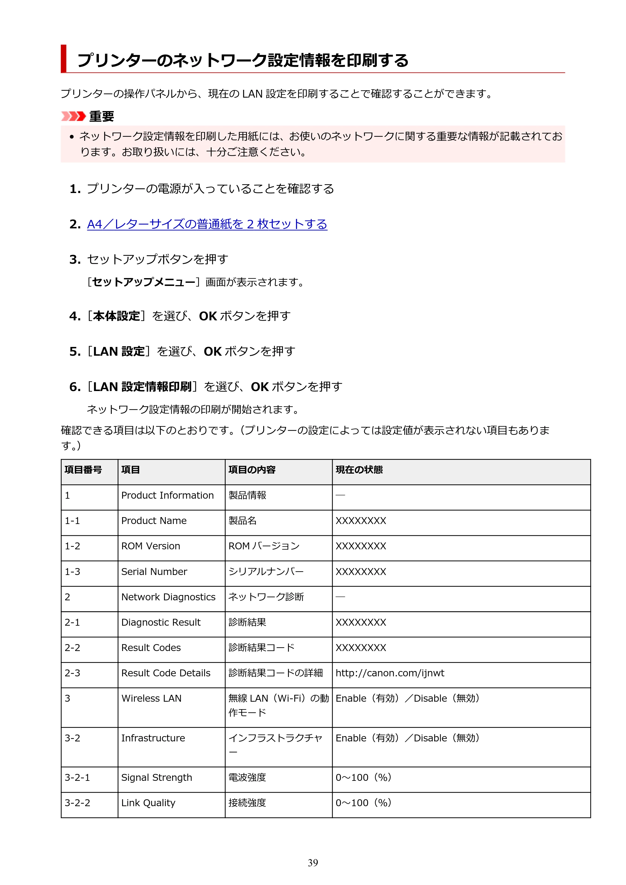 キヤノン G3360 オンラインマニュアル PDF版（Windows版） — プリンターのネットワーク設定情報を印刷する — 原本ページ — 39ページ