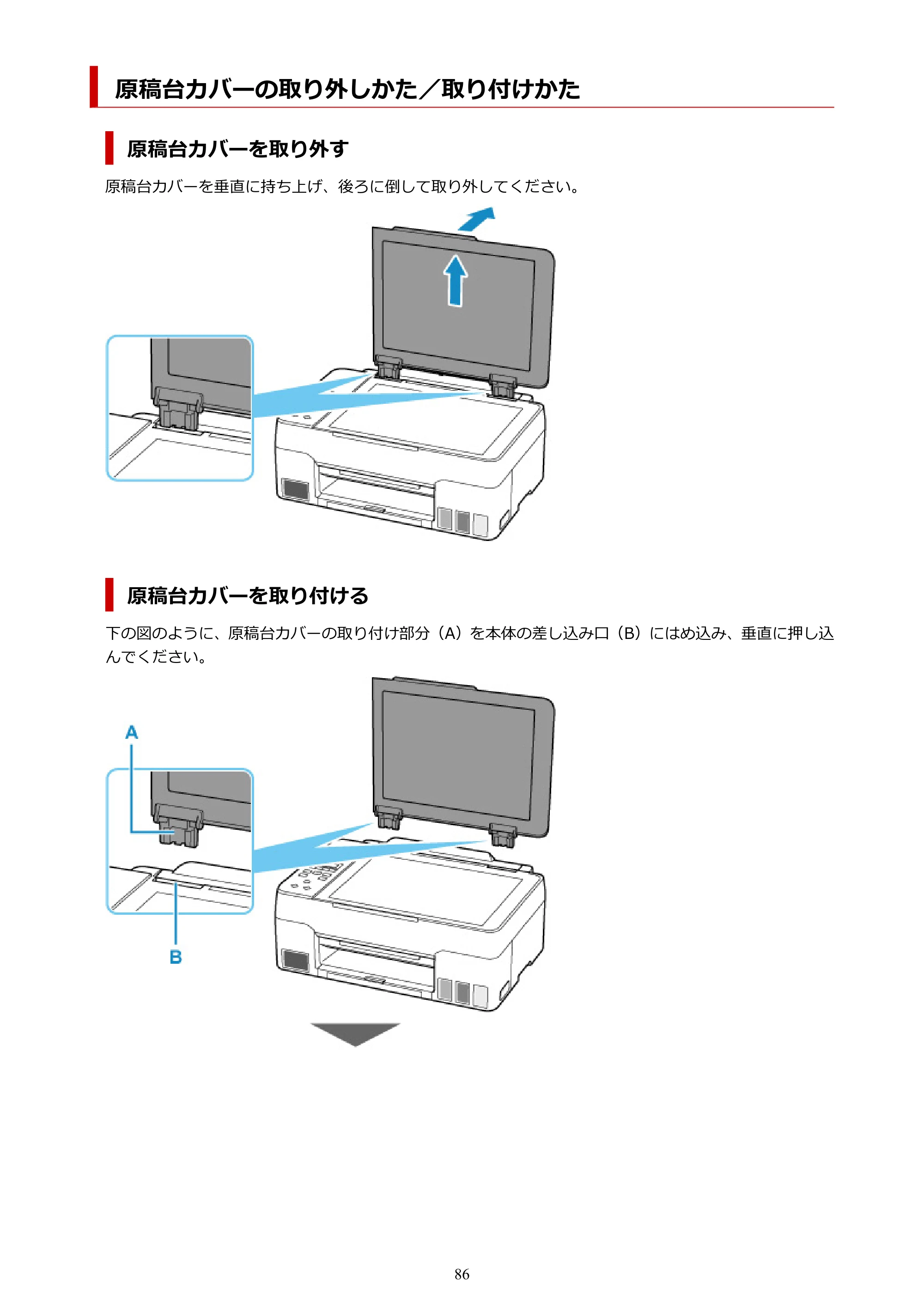 キヤノン G3360 オンラインマニュアル PDF版（Windows版） — 原稿台カバーの取り外しかた／取り付けかた — 原本ページ — 86ページ