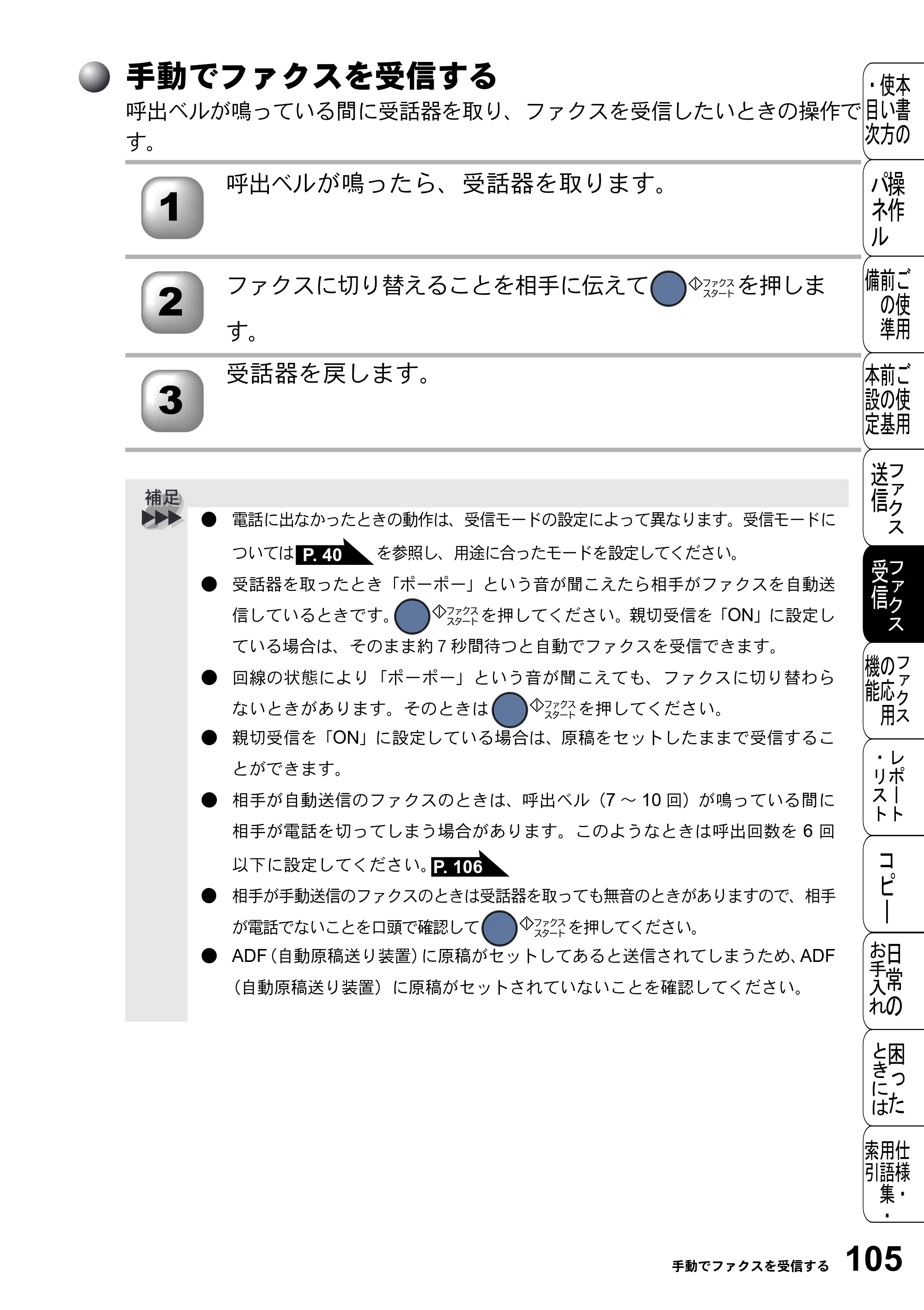 ブラザー FAX-2800J 取扱説明書（本体） — 手動でファクスを受信する — 原本ページ — 105ページ