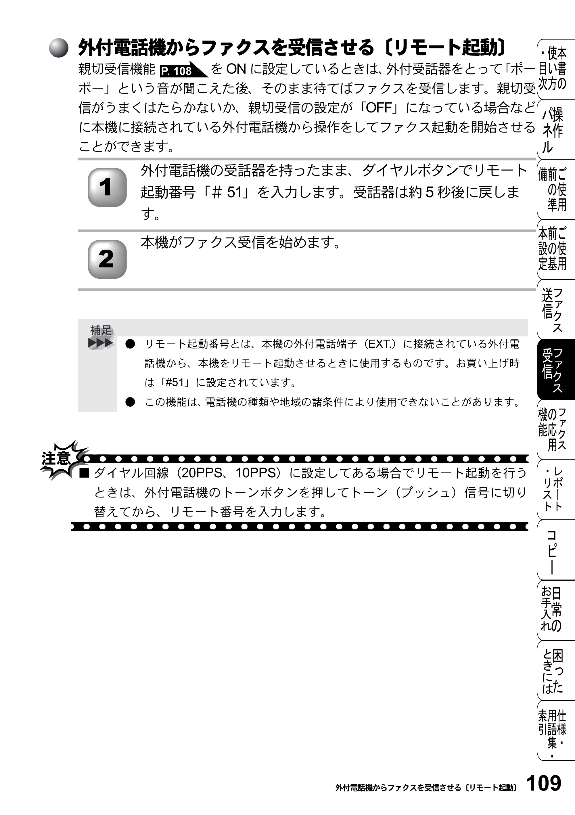 ブラザー FAX-2800J 取扱説明書（本体） — 外付電話機からファクスを受信させる〔リモート起動〕 — 原本ページ — 109ページ