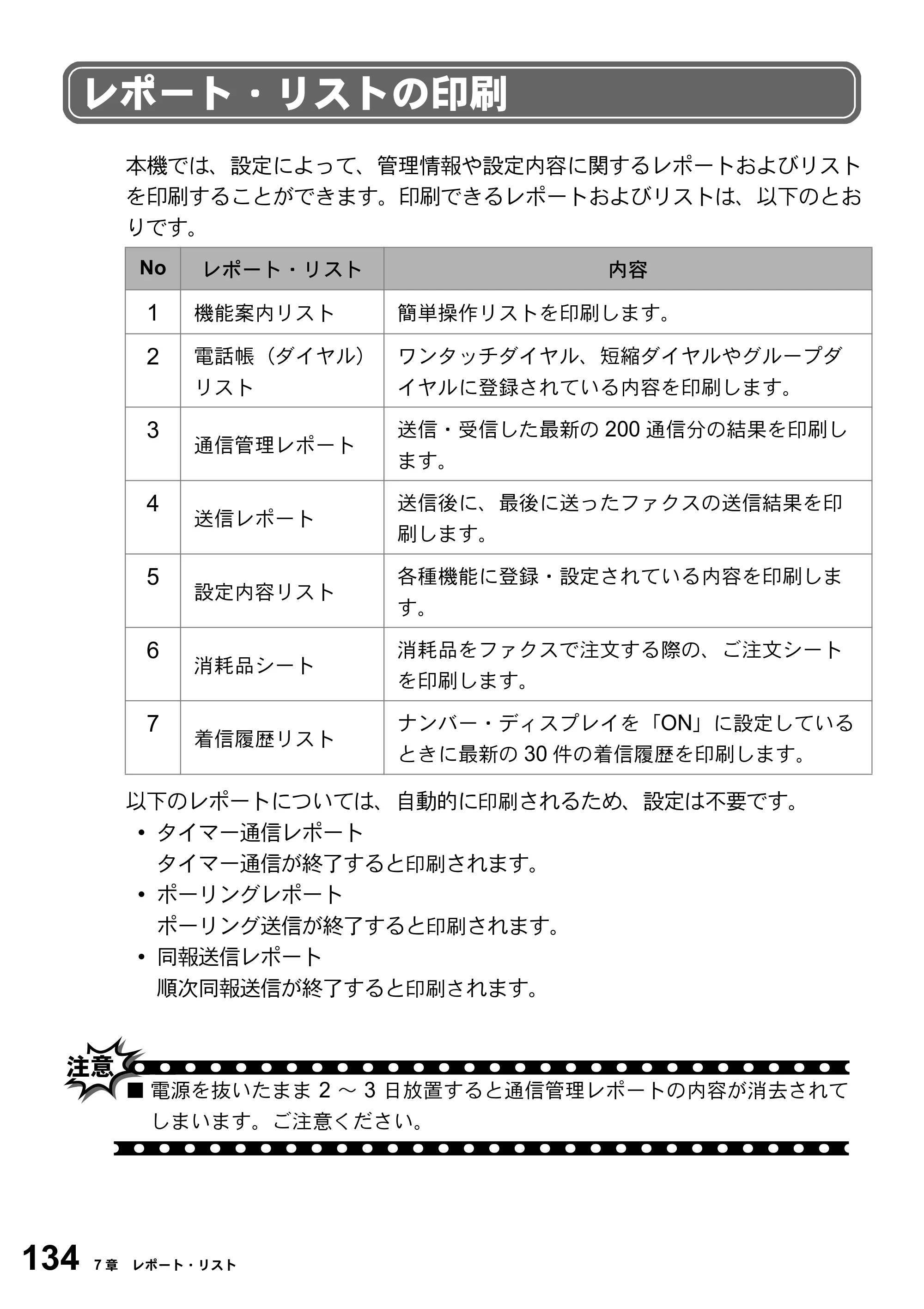 ブラザー FAX-2800J 取扱説明書（本体） — レポート・リストの印刷 — 原本ページ — 134ページ