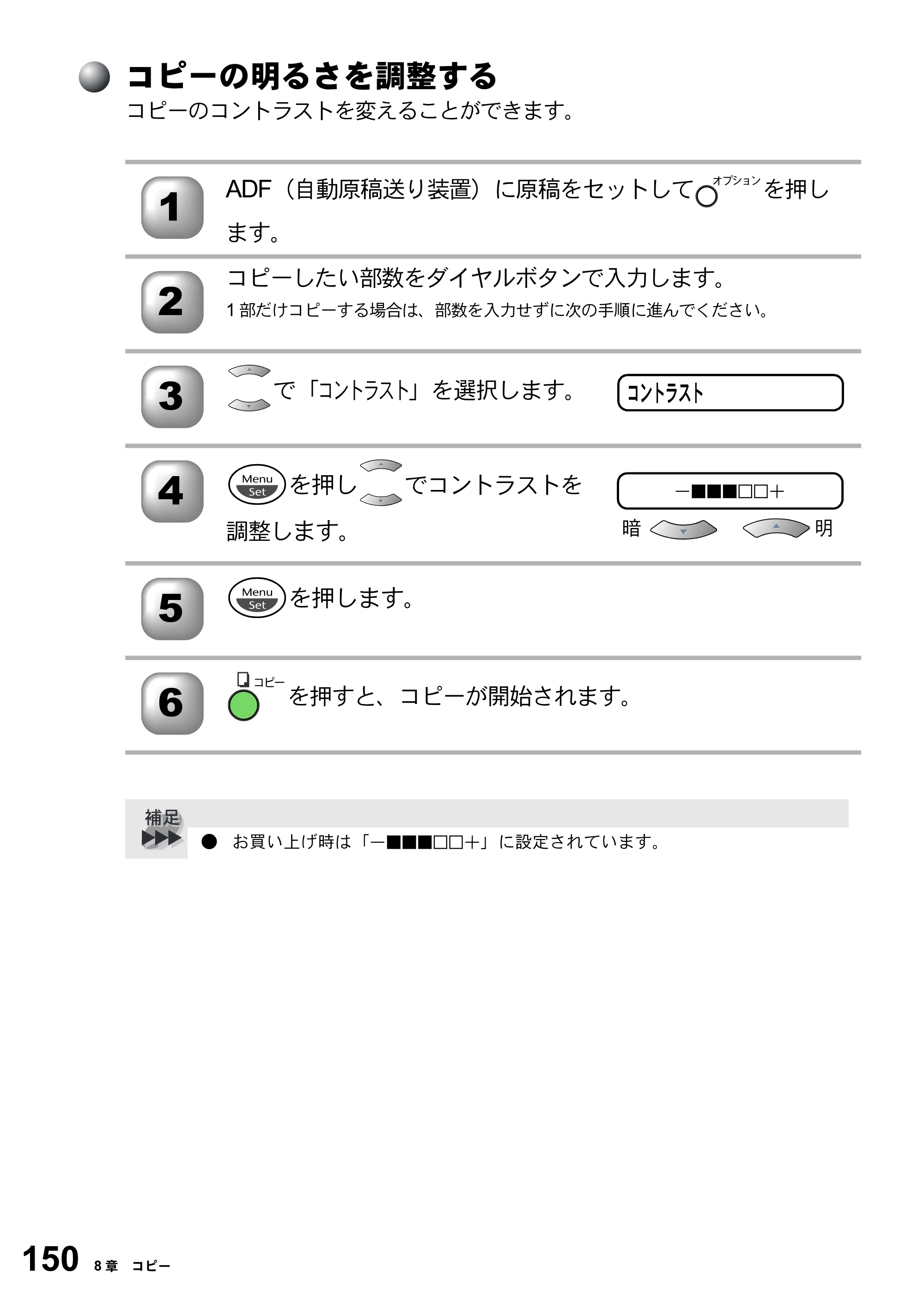 ブラザー FAX-2800J 取扱説明書（本体） — コピーの明るさを調整する — 原本ページ — 150ページ