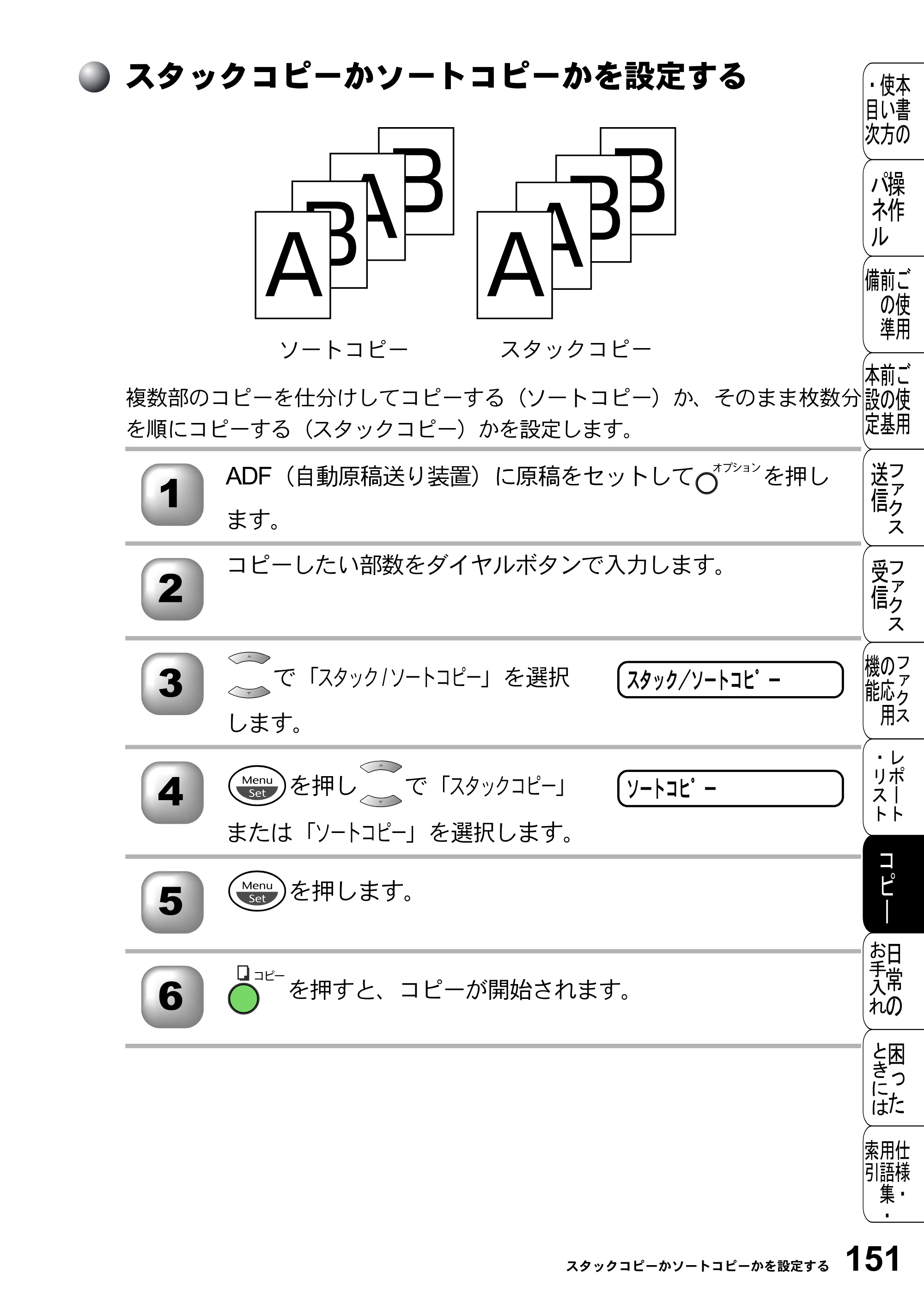 ブラザー FAX-2800J 取扱説明書（本体） — スタックコピーかソートコピーかを設定する — 原本ページ — 151ページ