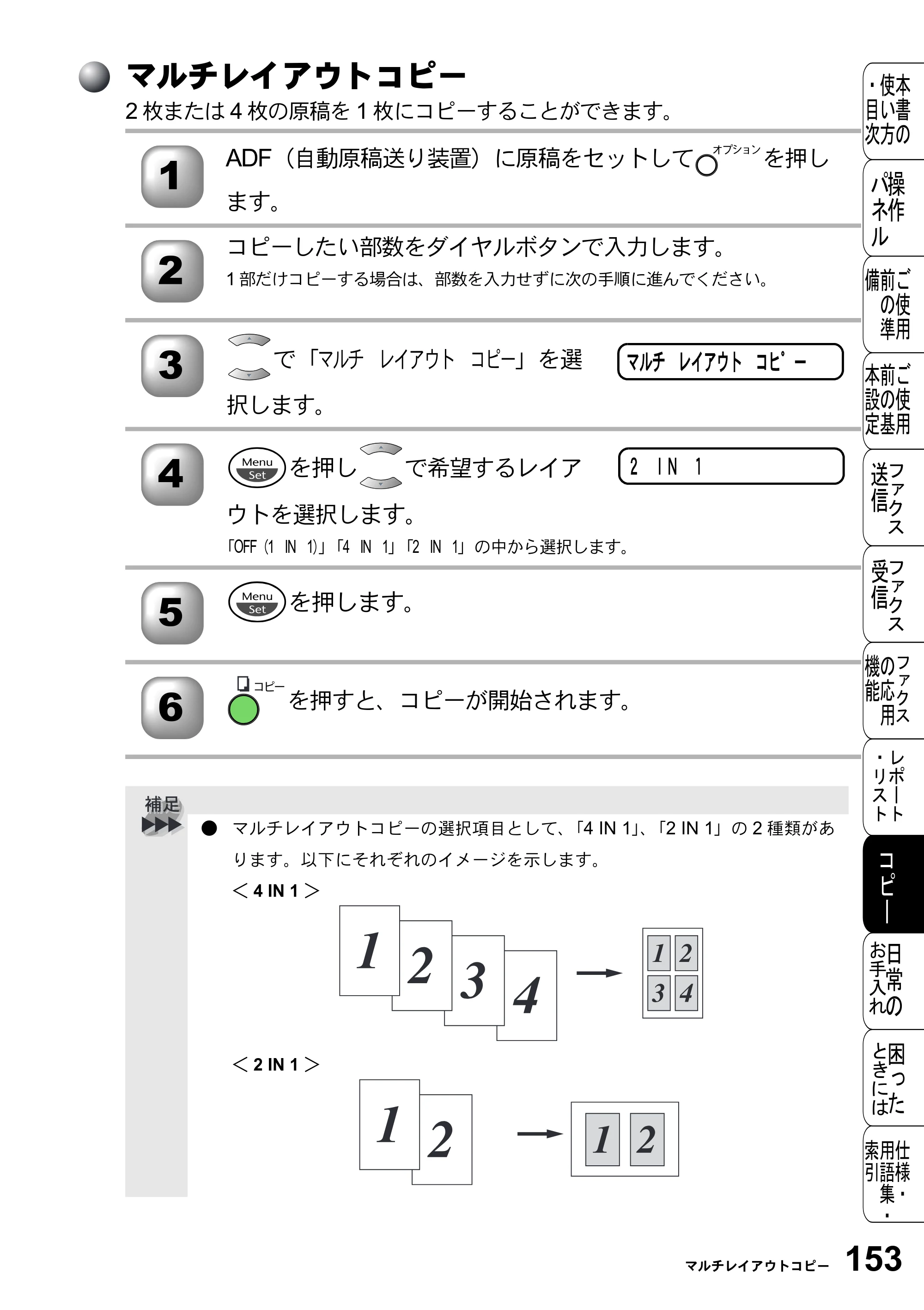 ブラザー FAX-2800J 取扱説明書（本体） — マルチレイアウトコピー — 原本ページ — 153ページ
