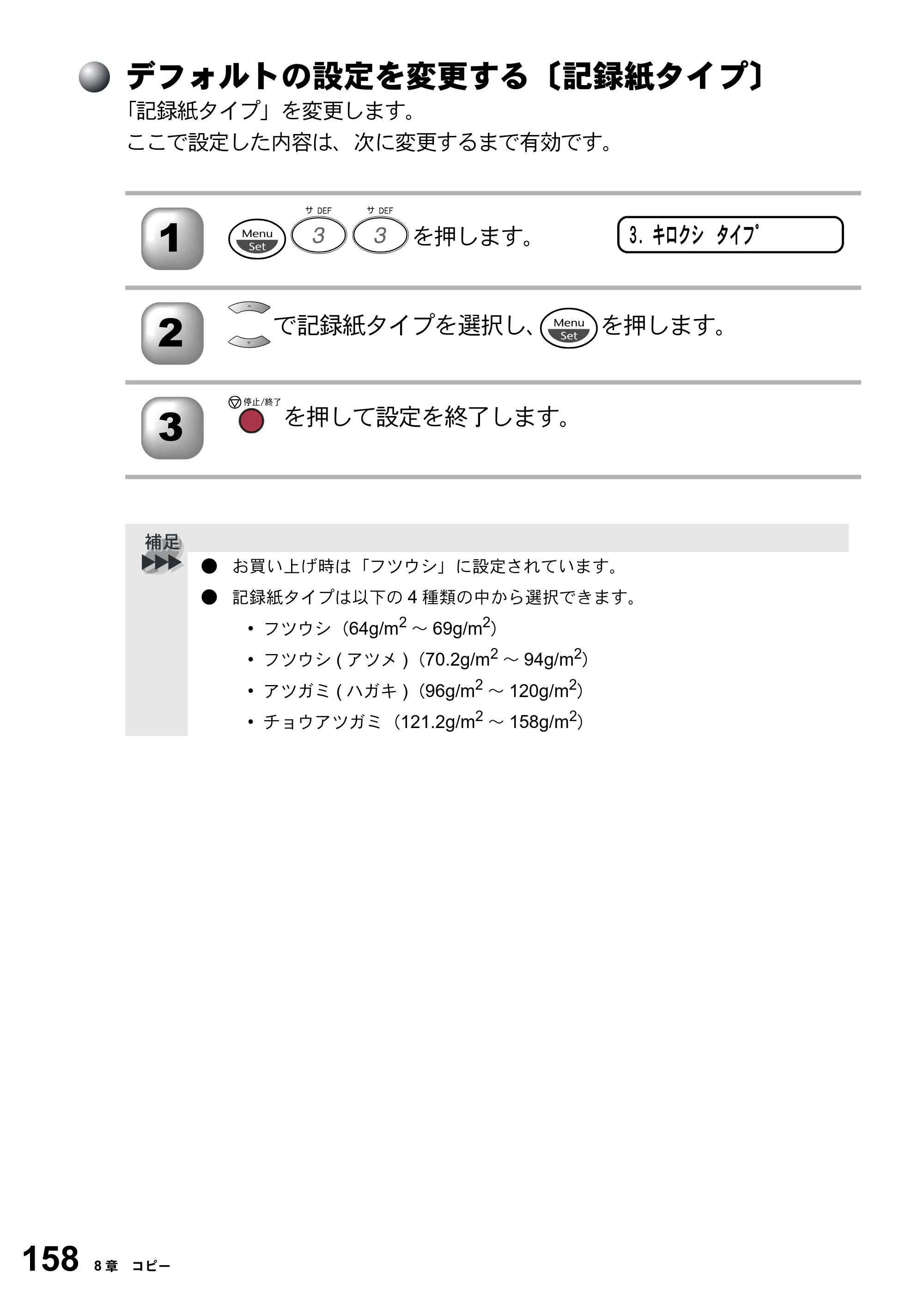 ブラザー FAX-2800J 取扱説明書（本体） — デフォルトの設定を変更する〔記録紙タイプ〕 — 原本ページ — 158ページ