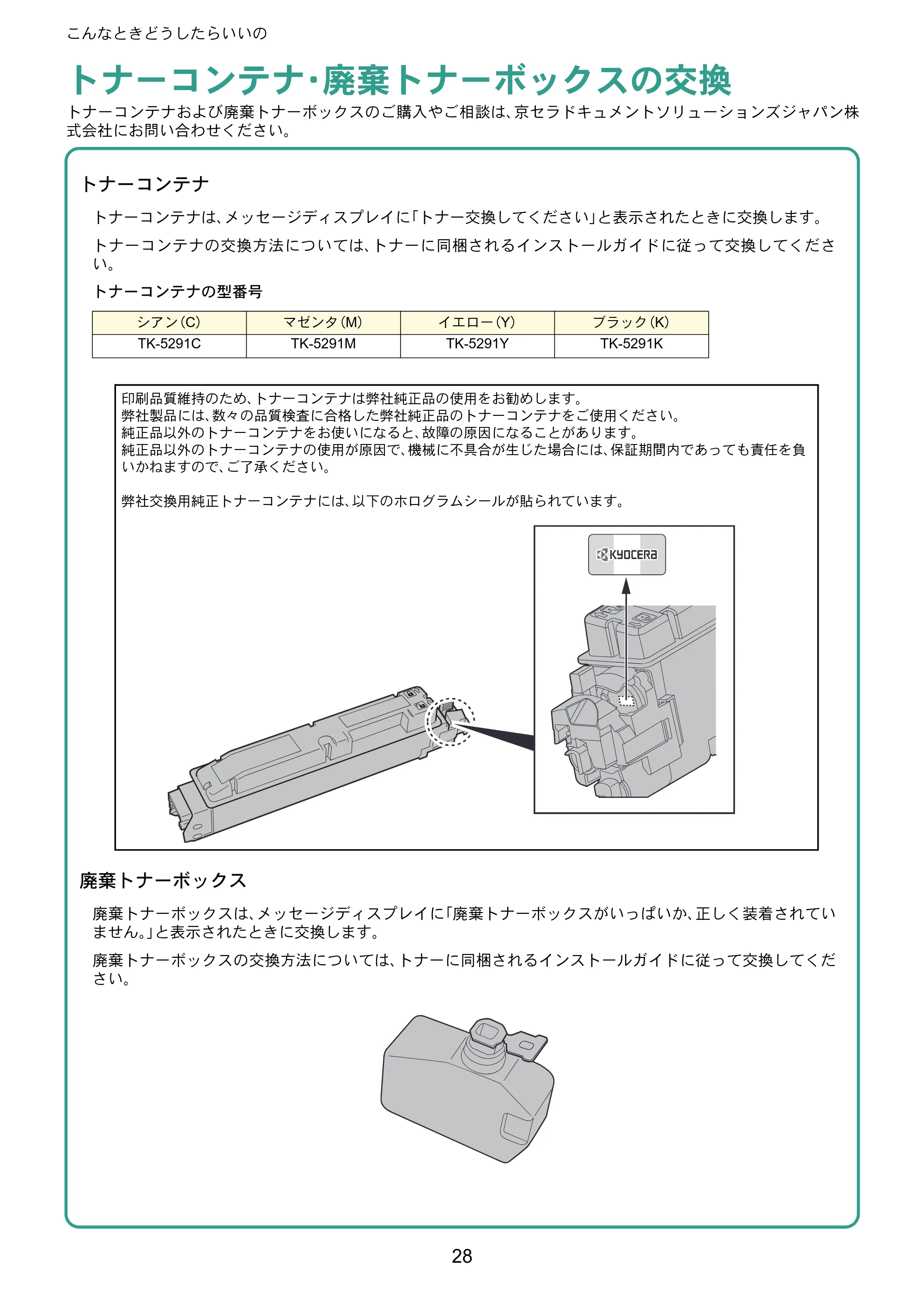 京セラ ECOSYS P7240cdn ECOSYS P7240cdn クイックガイド — トナーコンテナ・廃棄トナーボックスの交換 — 原本ページ — 28ページ