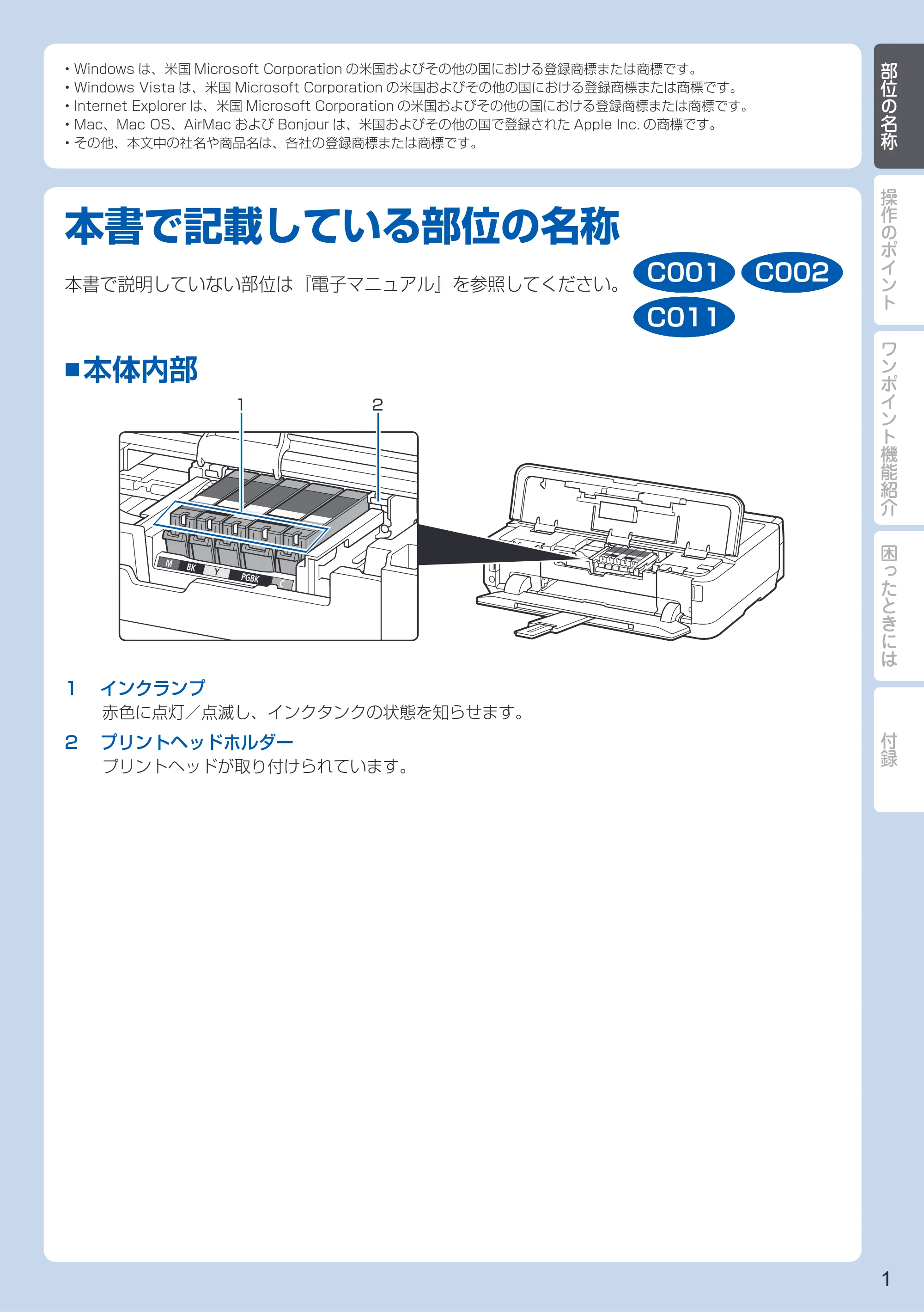 キヤノン PIXUS iP7230 PIXUS 早わかり 2022年3月3日掲載（PDF：2.21MB） — 部位の名称 — 原本ページ — 3ページ