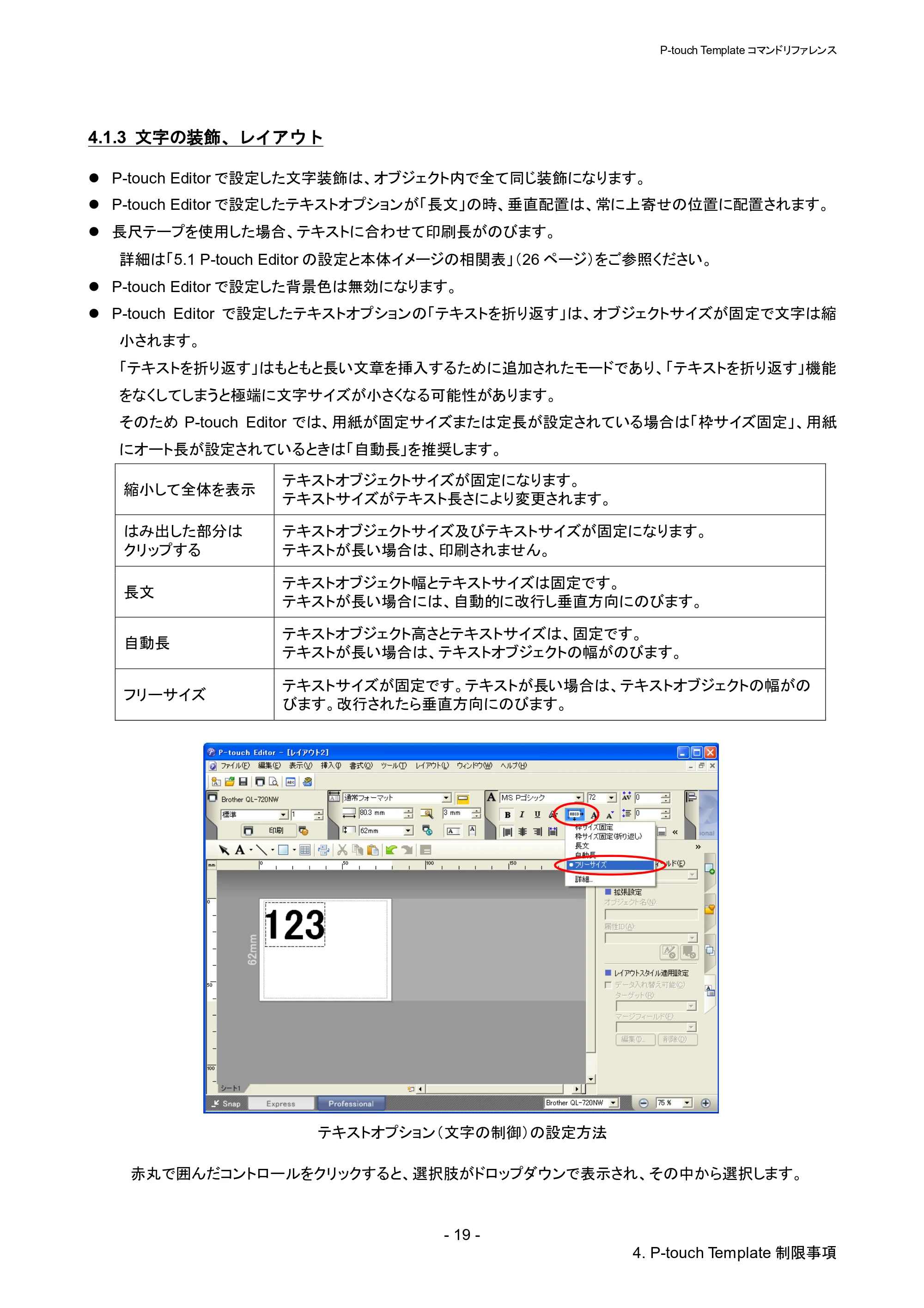 ブラザー QL-1115NWB P-touch テンプレートマニュアル / コマンドリファレンス — 4.1.3 文字の装飾、レイアウト — 原本ページ — 24ページ