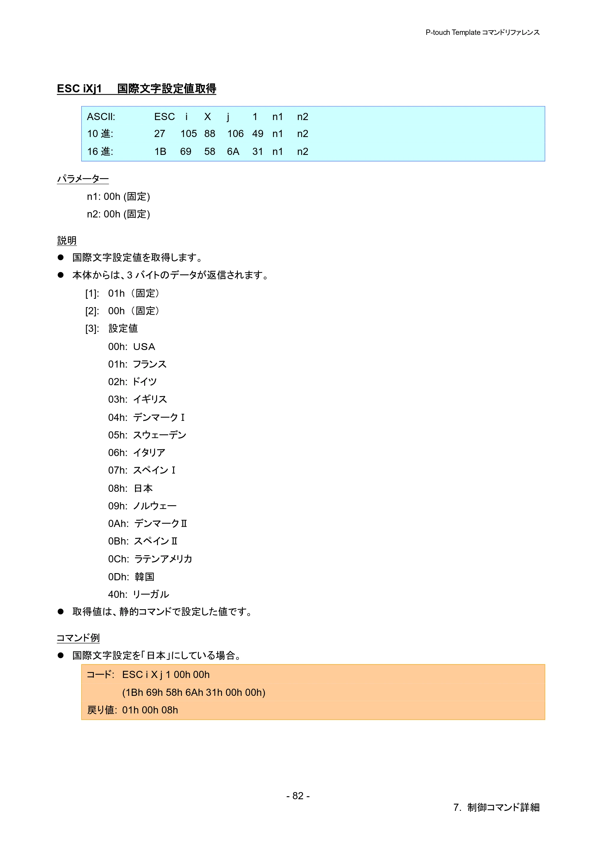 ブラザー QL-1115NWB P-touch テンプレートマニュアル / コマンドリファレンス — ESC iXj1 国際文字設定値取得 — 原本ページ — 87ページ