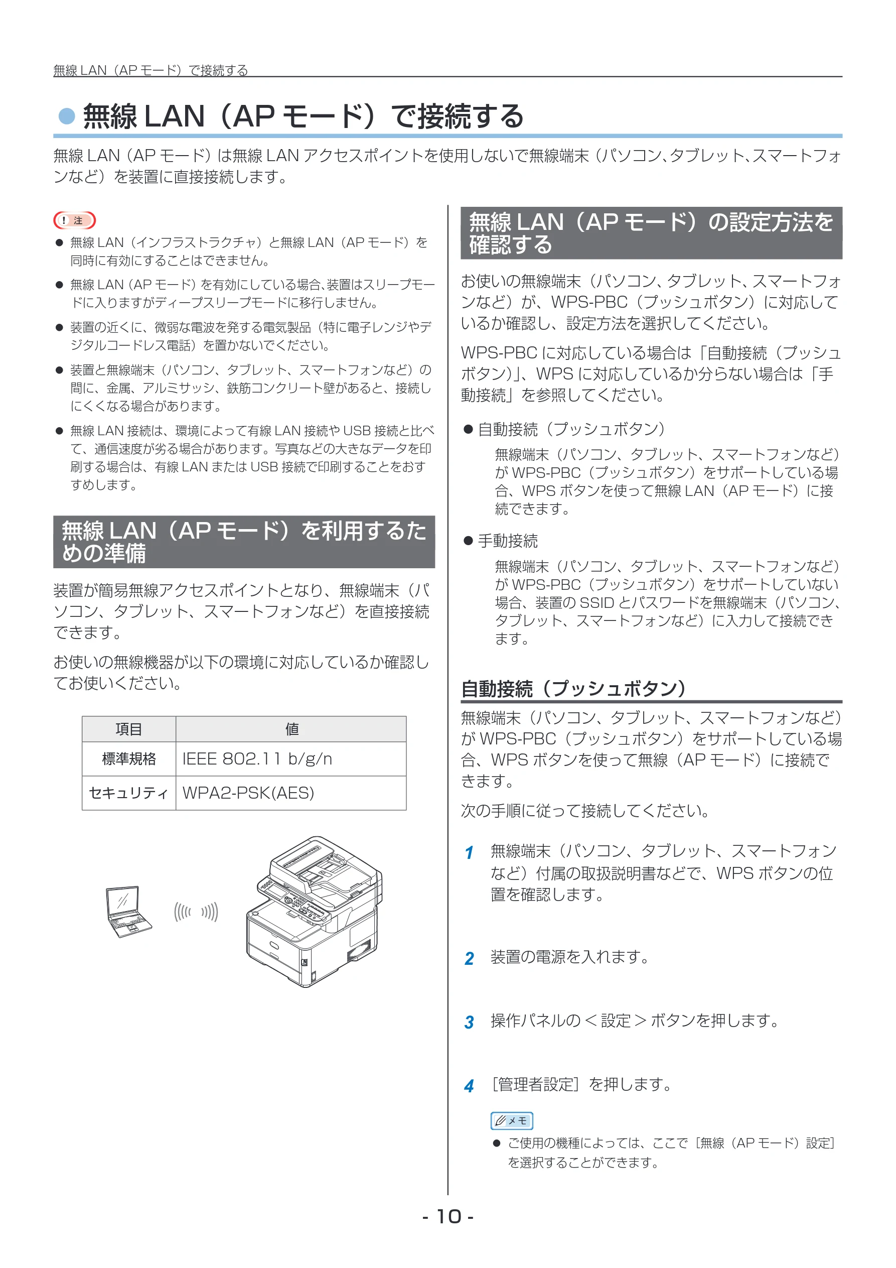 沖電気 C332dnw / C612dnw / C712dnw 無線LAN接続ガイド 言語 : 日本語 ac1 (サイズ: 2.8 MB) — 無線LAN(AP モード)で接続する — 図版 10-1 — 10ページ