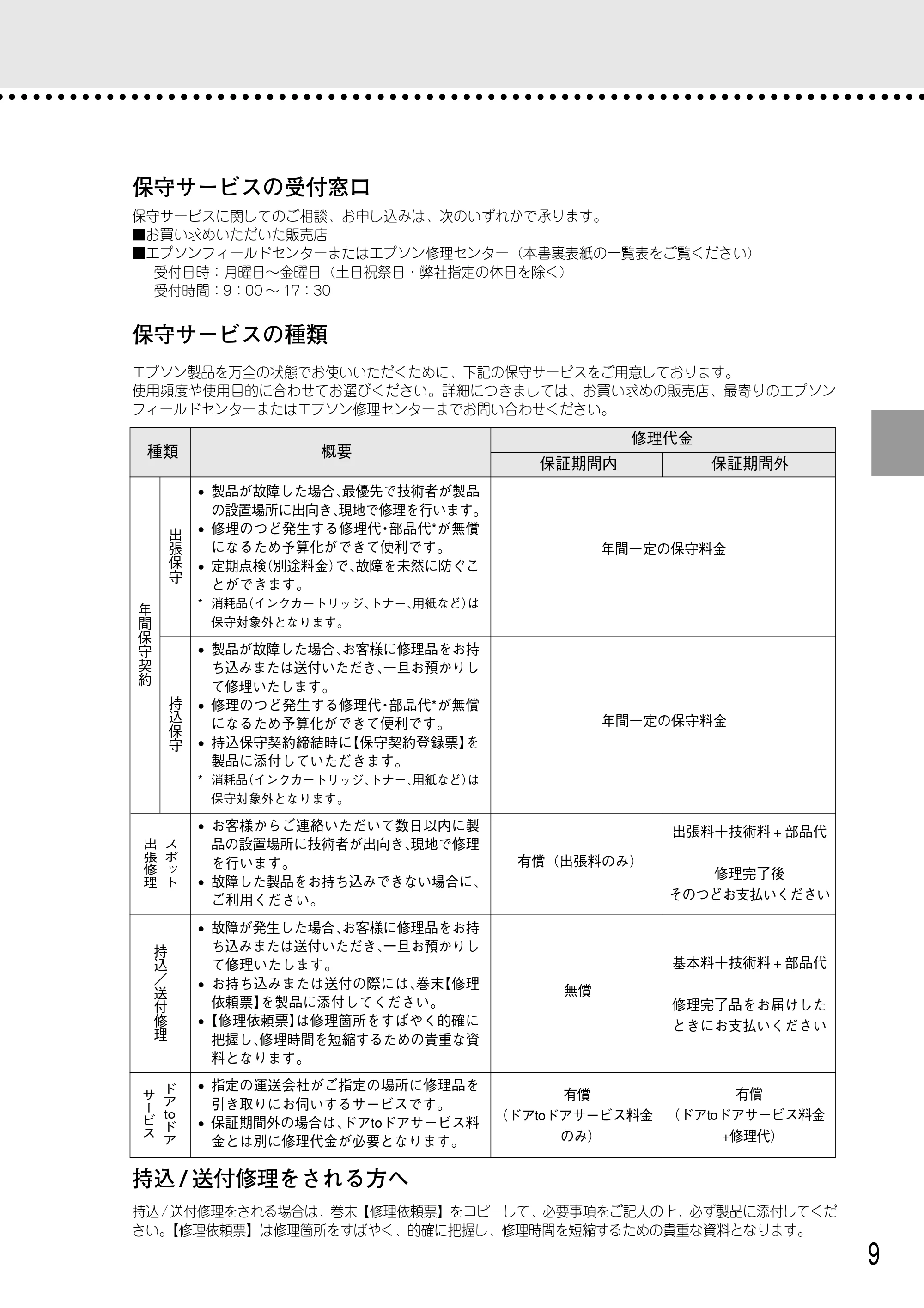 エプソン CC-500L 安全にお使いいただくために/サービスサポートのご案内 — 保守サービスの受付窓口 — 原本ページ — 9ページ