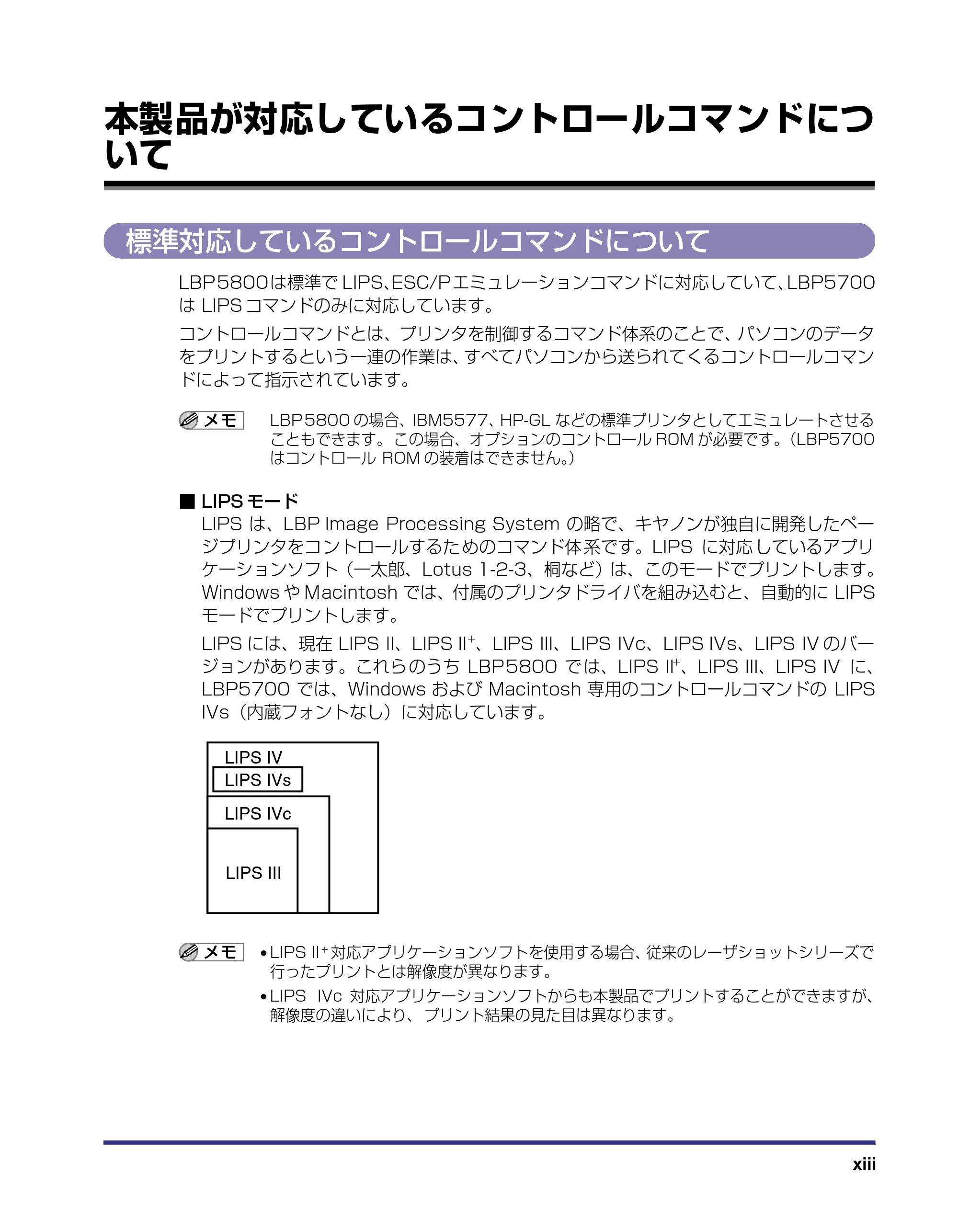 キヤノン LBP5800/5700 LIPS機能ガイド 2006年5月25日更新 （PDF形式／3.98Mバイト） — 本製品が対応しているコントロールコマンドについて — 原本ページ — 15ページ