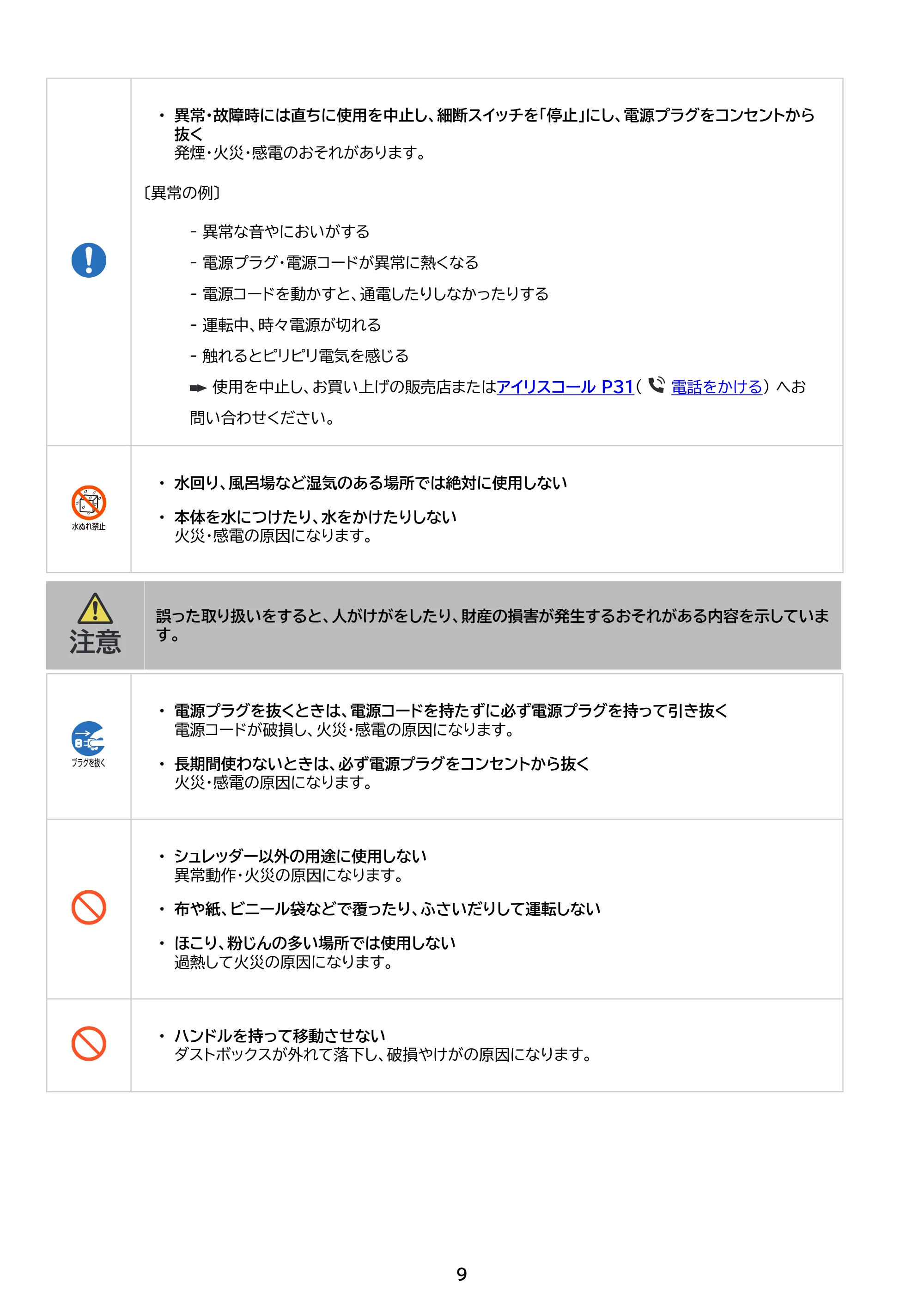 アイリスオーヤマ パーソナルシュレッダー P10GC 取扱説明書 — 原本ページ — 9ページ
