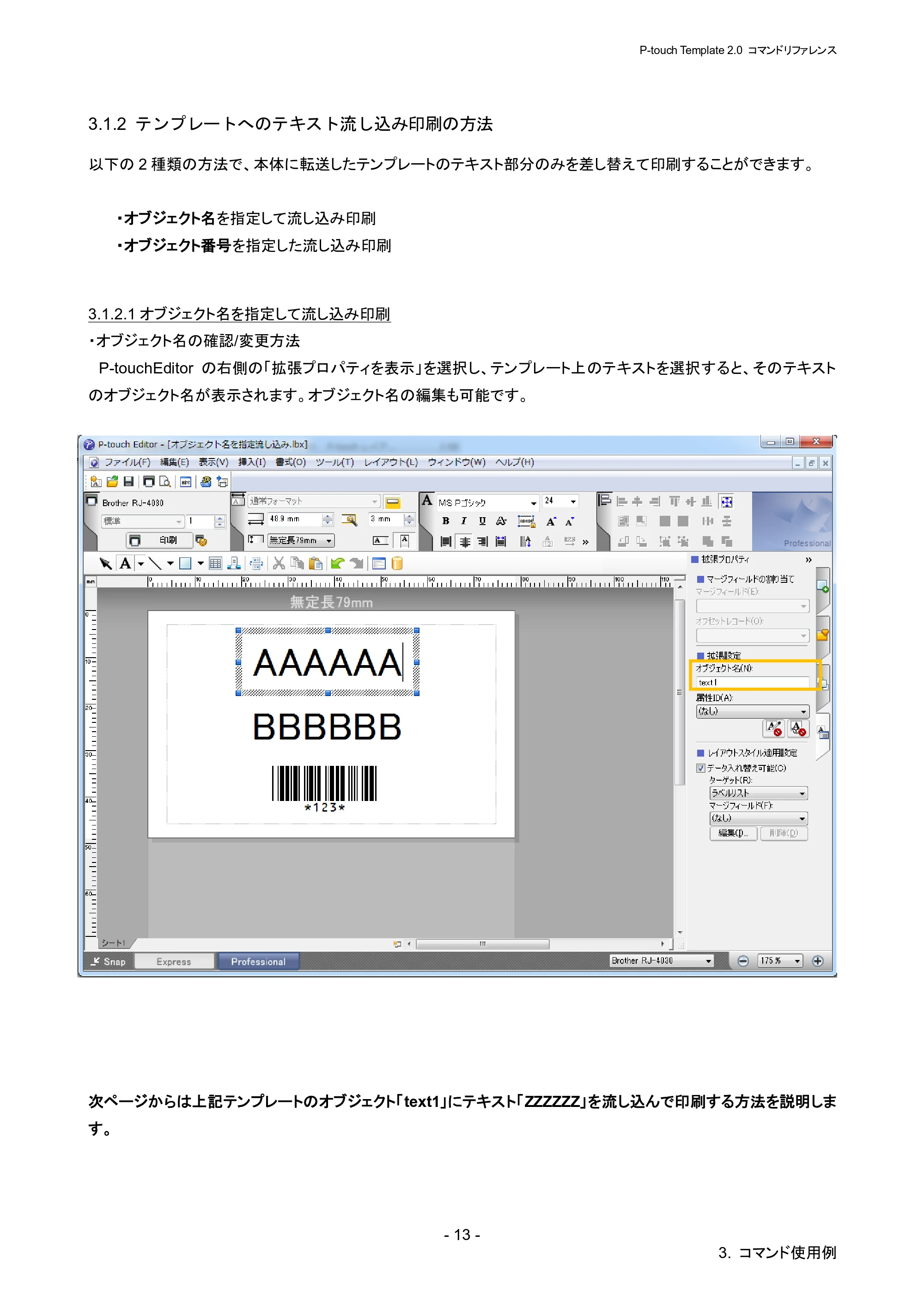 ブラザー RJ-4030 / RJ-4030Ai / RJ-4040 P-touch テンプレートマニュアル / コマンドリファレンス — 3.1.2 テンプレートへのテキスト流し込み印刷の方法 — 原本ページ — 19ページ