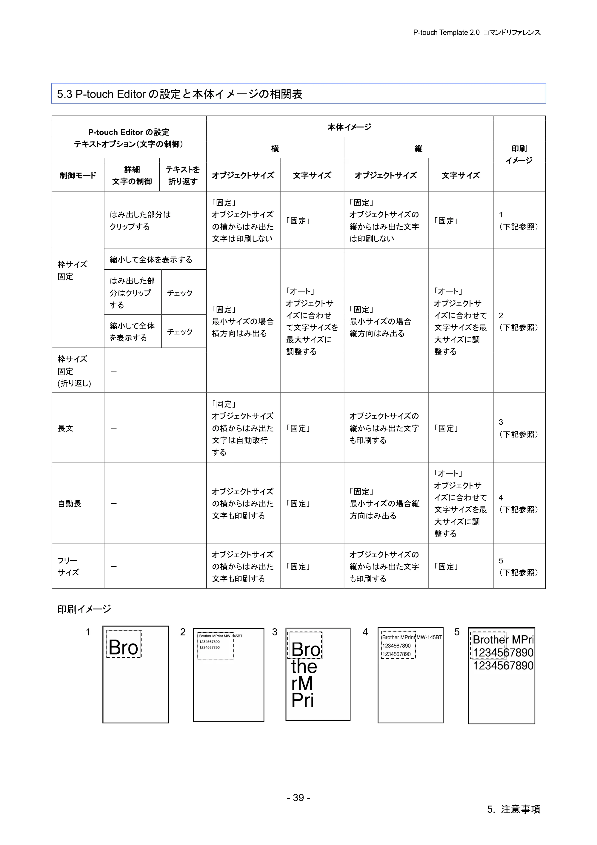 ブラザー RJ-4030 / RJ-4030Ai / RJ-4040 P-touch テンプレートマニュアル / コマンドリファレンス — 5.3 P-touch Editorの設定と本体イメージの相関表 — 原本ページ — 45ページ