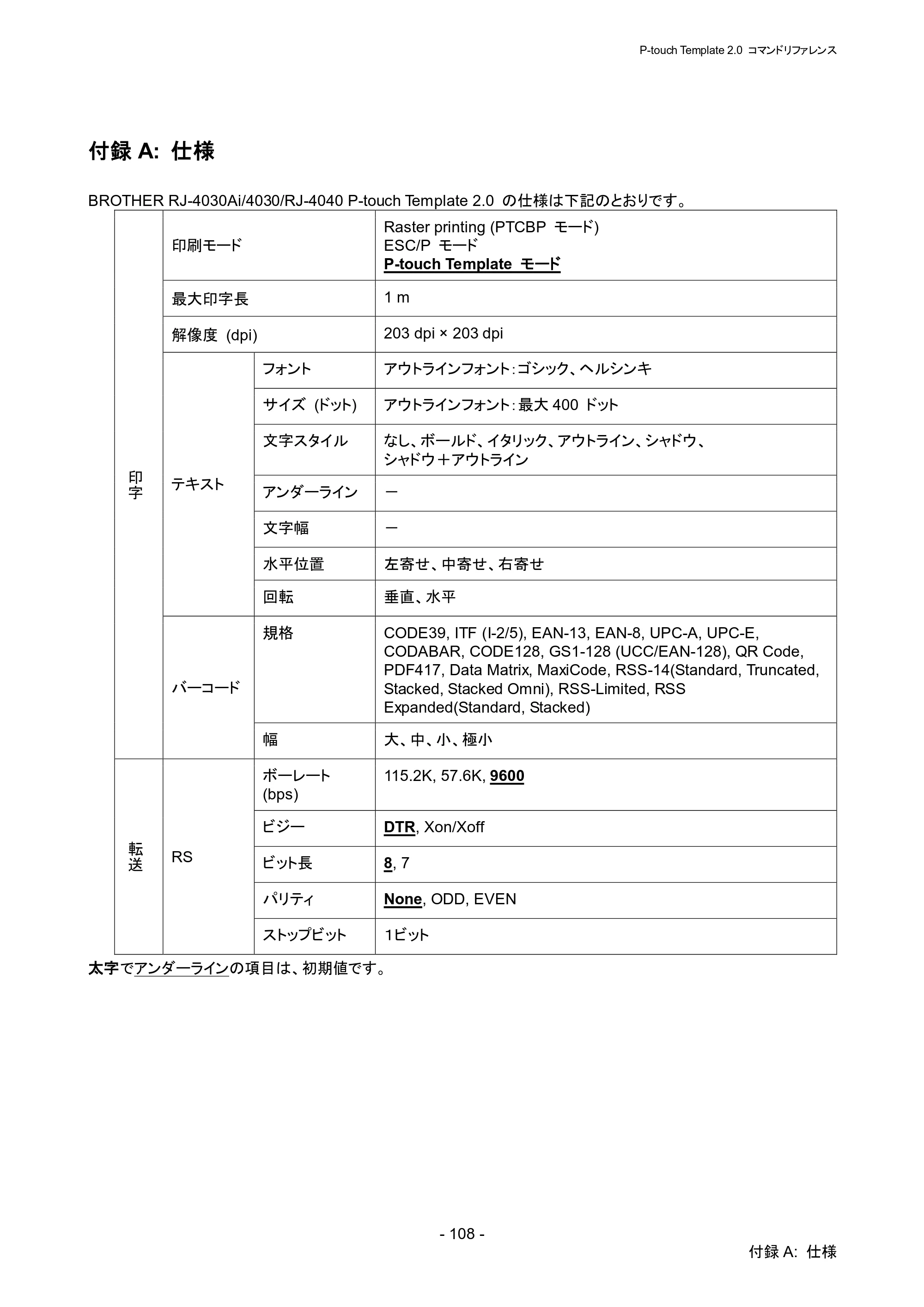 ブラザー RJ-4030 / RJ-4030Ai / RJ-4040 P-touch テンプレートマニュアル / コマンドリファレンス — 付録A: 仕様 — 原本ページ — 114ページ