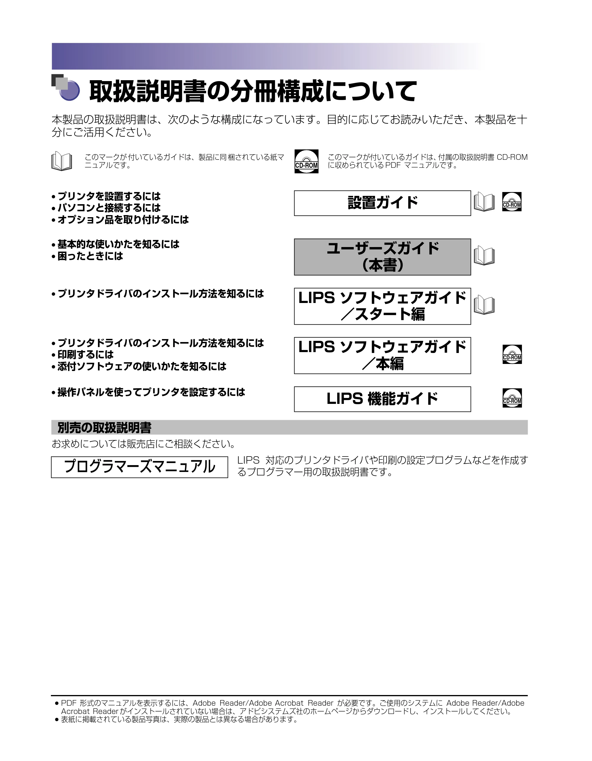 キヤノン LBP-1310 ユーザーズガイド 2006年5月25日更新 （PDF形式／3.71Mバイト） — 取扱説明書の分冊構成について — 原本ページ — 2ページ