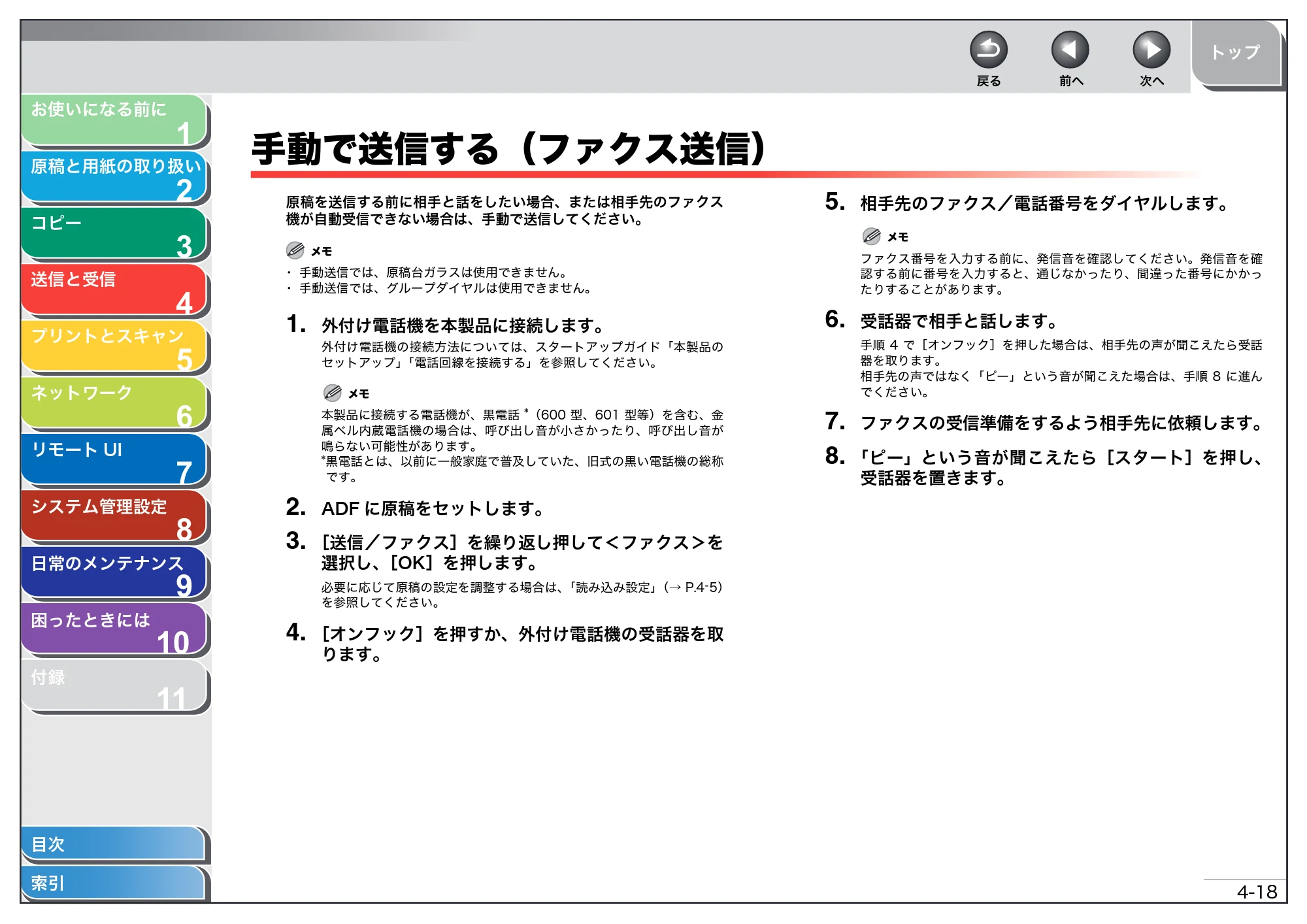 キヤノン MF4680 操作ガイド（総合編） （PDF形式／16.39Mバイト） — 手動で送信する（ファクス送信） — 原本ページ — 76ページ