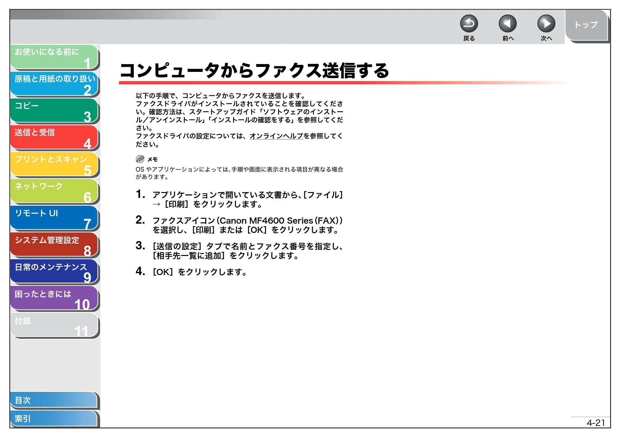 キヤノン MF4680 操作ガイド（総合編） （PDF形式／16.39Mバイト） — コンピュータからファクス送信する — 原本ページ — 79ページ