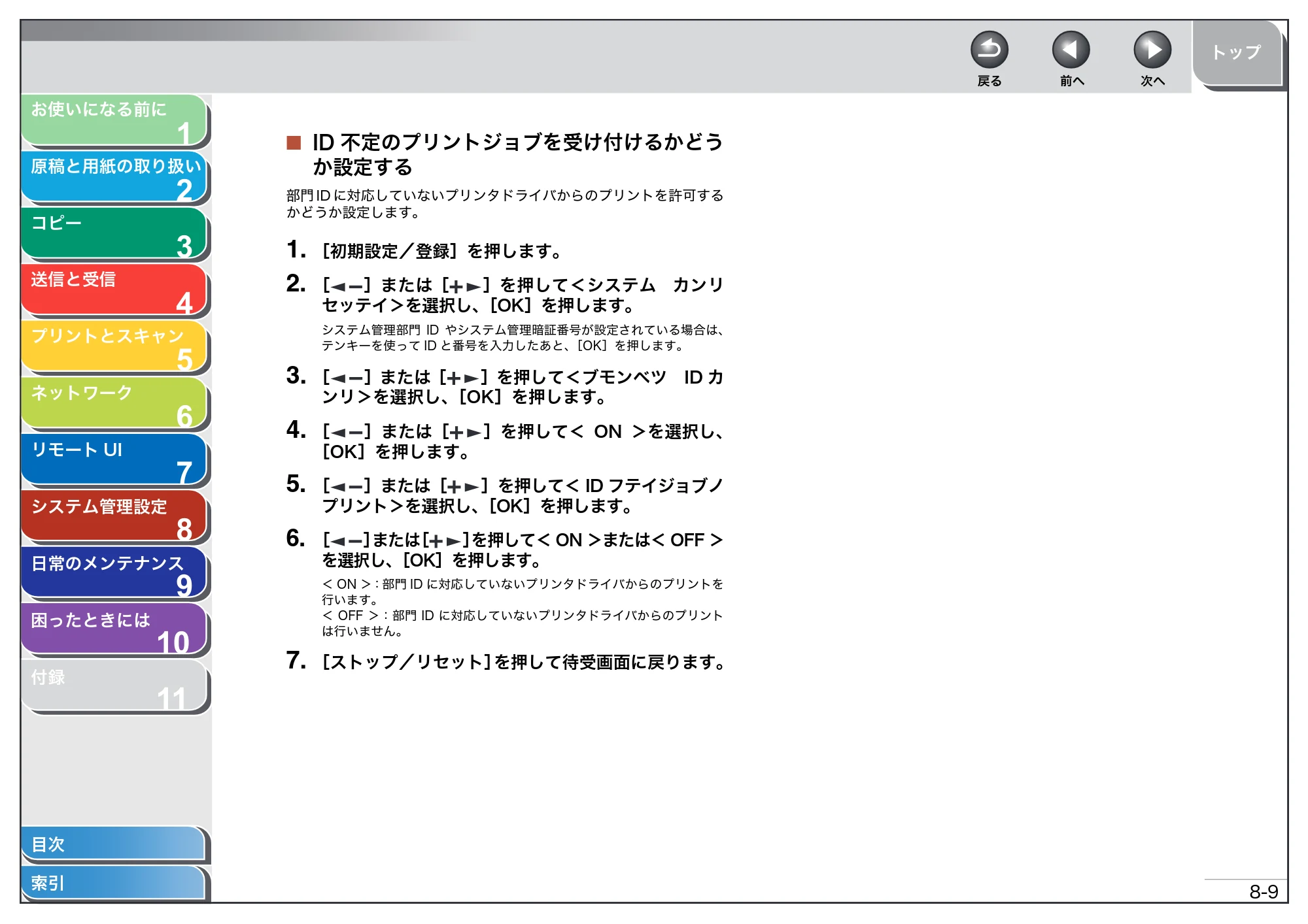 キヤノン MF4680 操作ガイド（総合編） （PDF形式／16.39Mバイト） — ID不定のプリントジョブを受け付けるかどうか設定する — 原本ページ — 172ページ