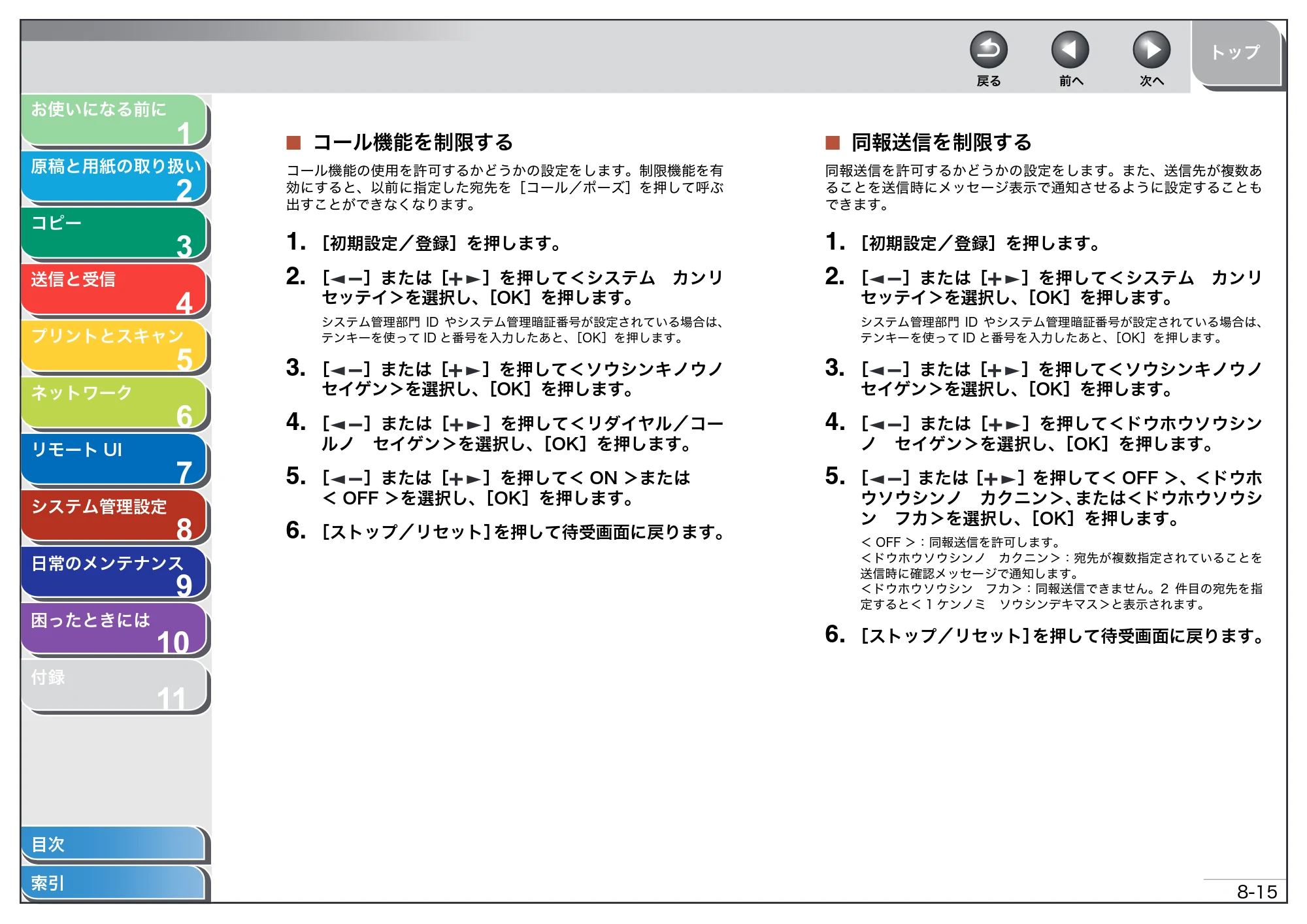 キヤノン MF4680 操作ガイド（総合編） （PDF形式／16.39Mバイト） — コール機能を制限する — 原本ページ — 178ページ