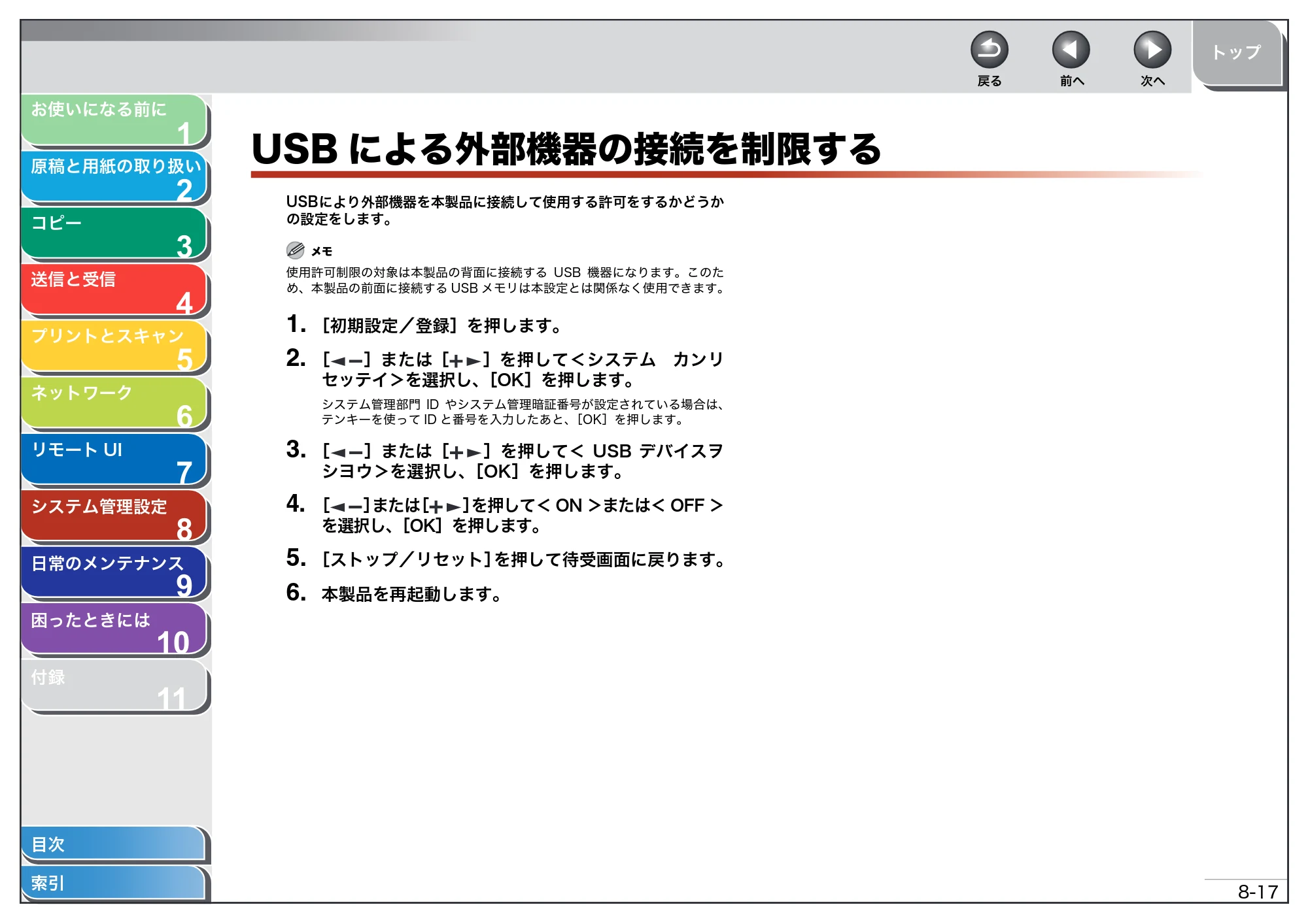 キヤノン MF4680 操作ガイド（総合編） （PDF形式／16.39Mバイト） — USBによる外部機器の接続を制限する — 原本ページ — 180ページ