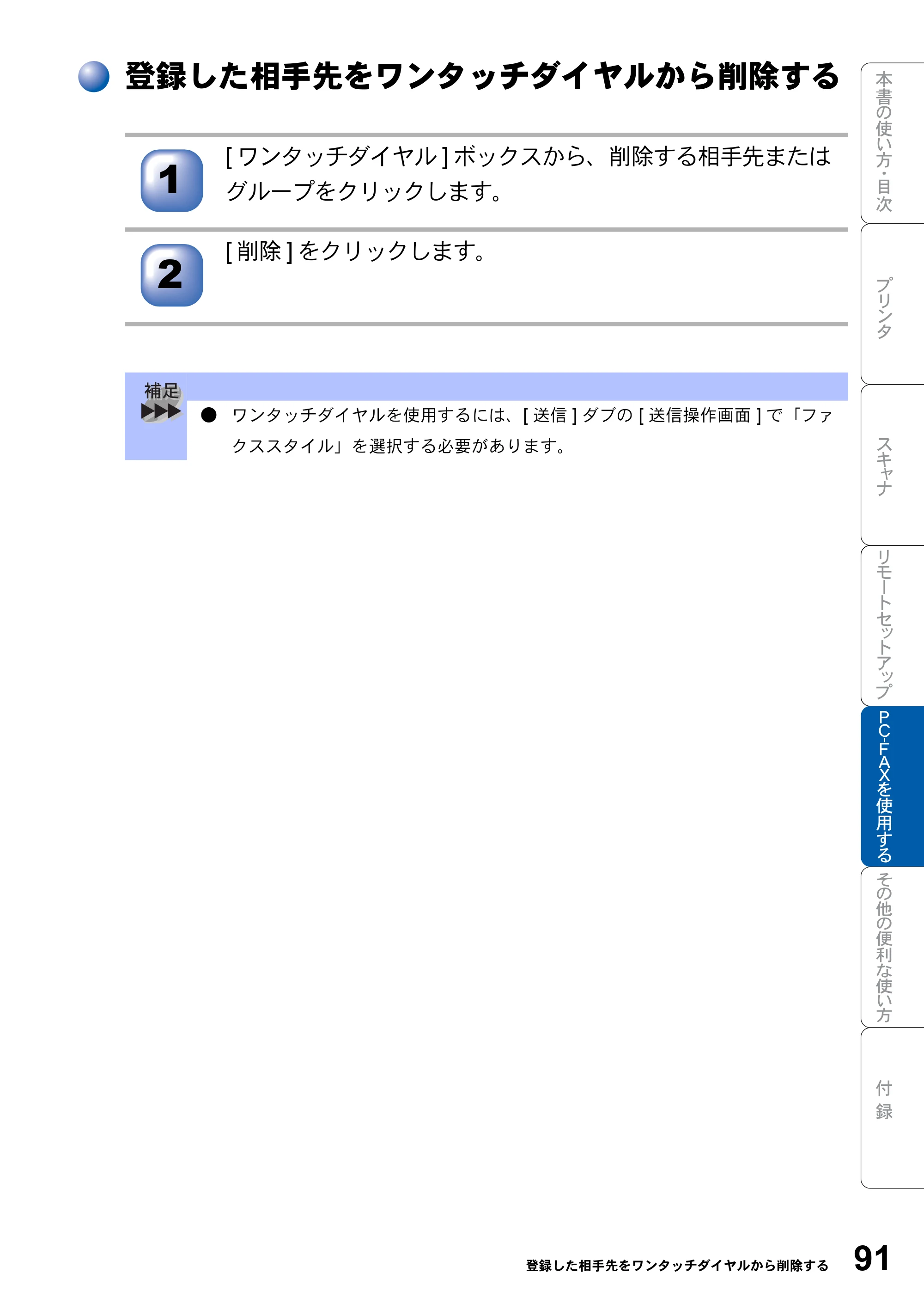 ブラザー MFC-8820JN ユーザーズガイド ～パソコン活用編～ — 登録した相手先をワンタッチダイヤルから削除する — 原本ページ — 91ページ