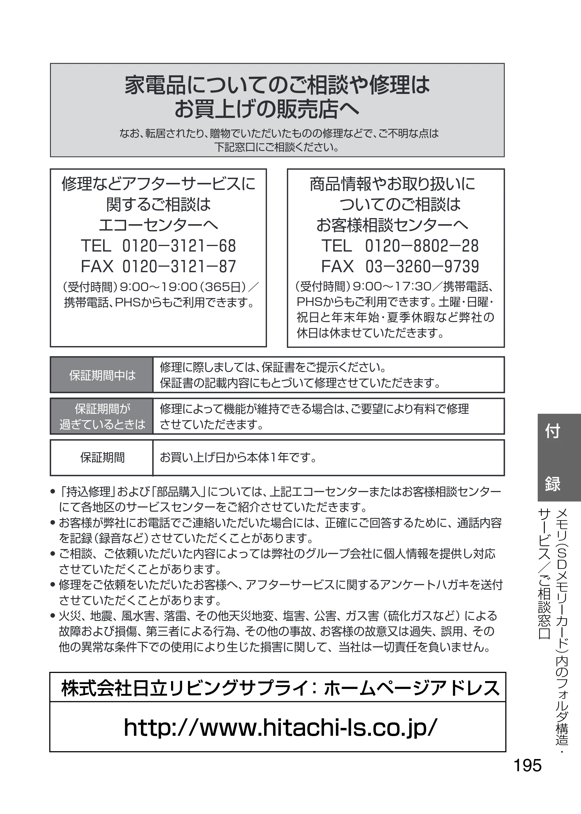 日立 HDC-1231 取扱説明書 — ご相談窓口 — 原本ページ — 195ページ