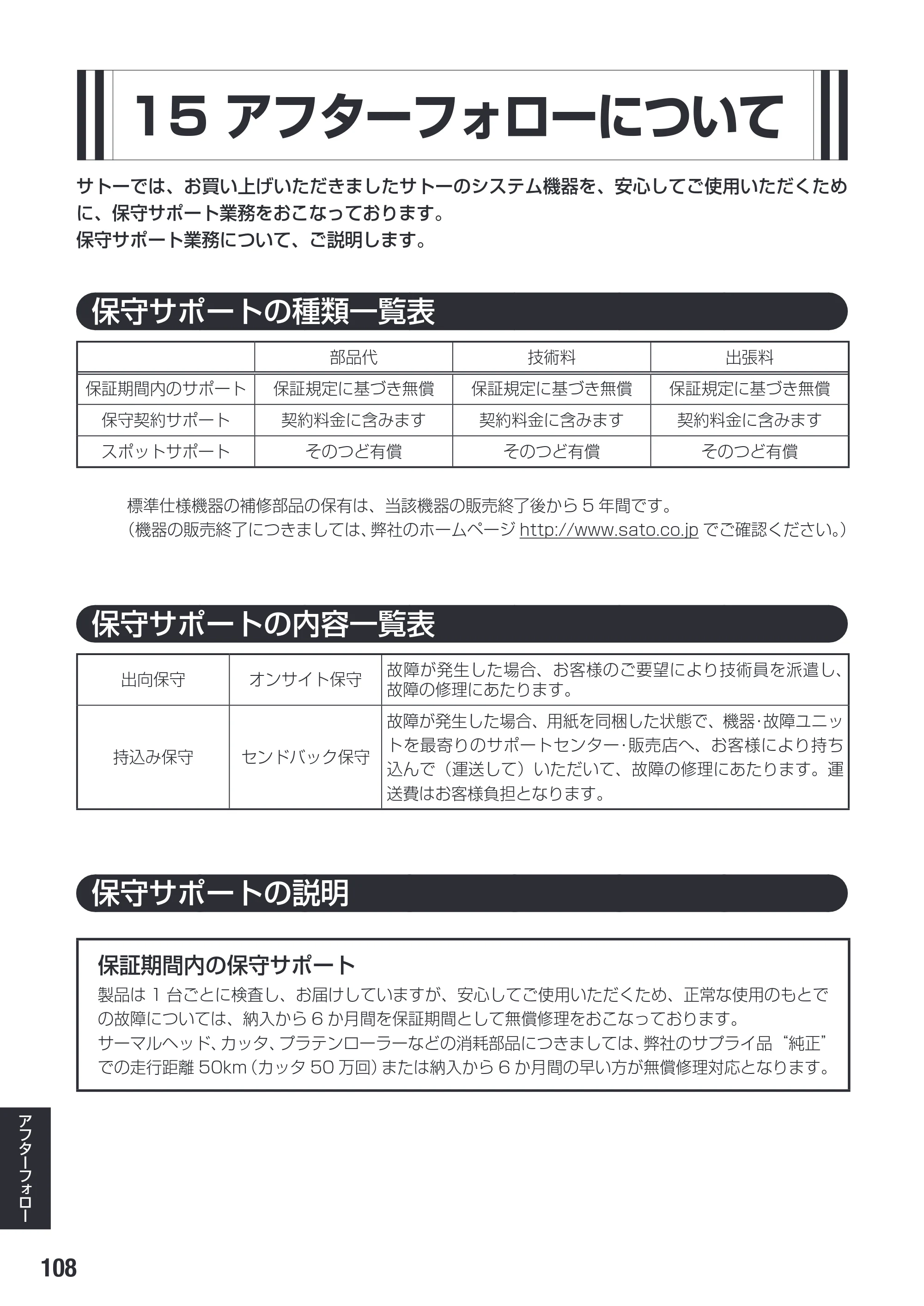 サトー SG608R / 612R 取扱説明書（初版） — 15 アフターフォローについて — 原本ページ — 110ページ
