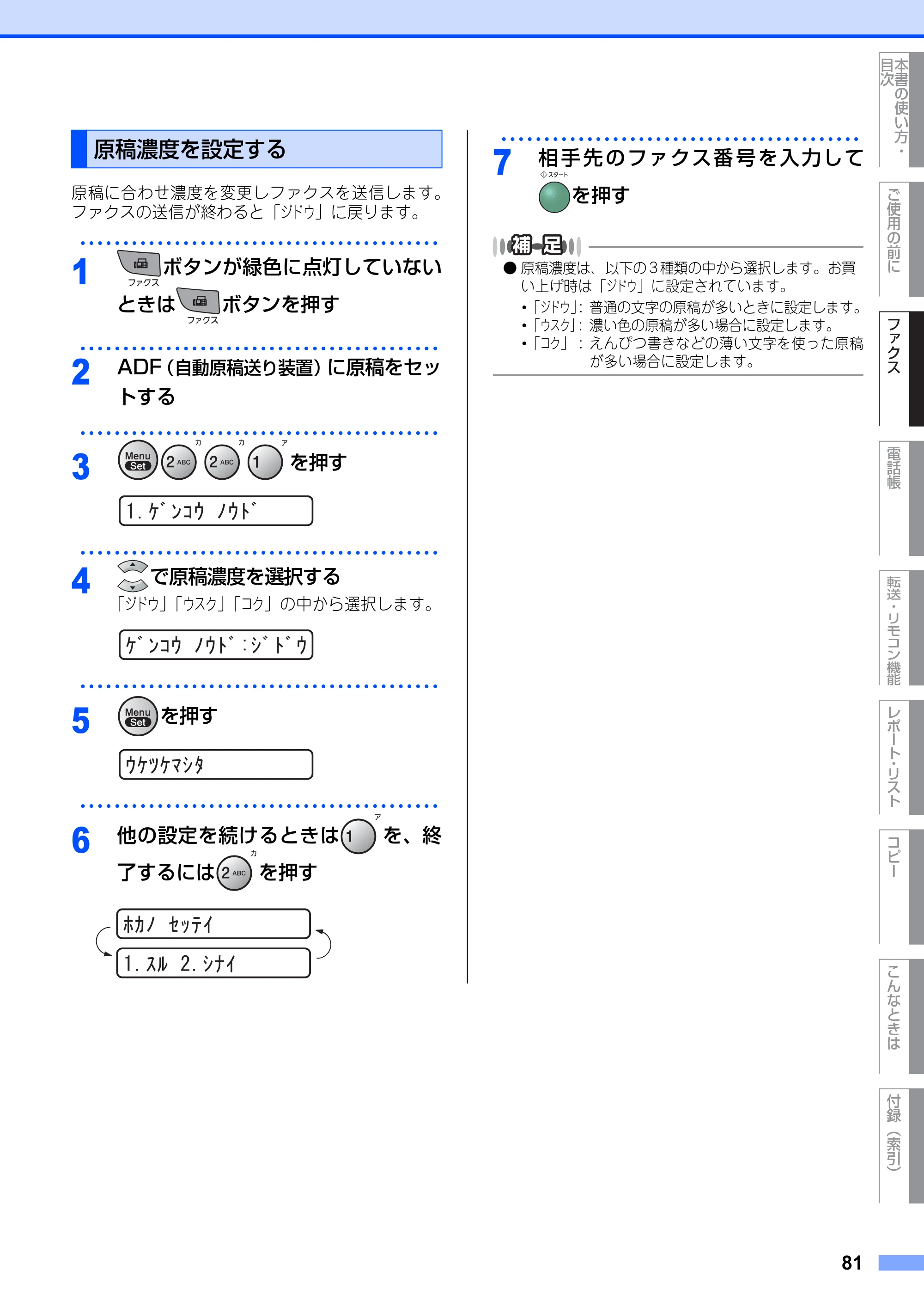 ブラザー FAX-2810N 取扱説明書（本体） — 原稿濃度を設定する — 原本ページ — 81ページ
