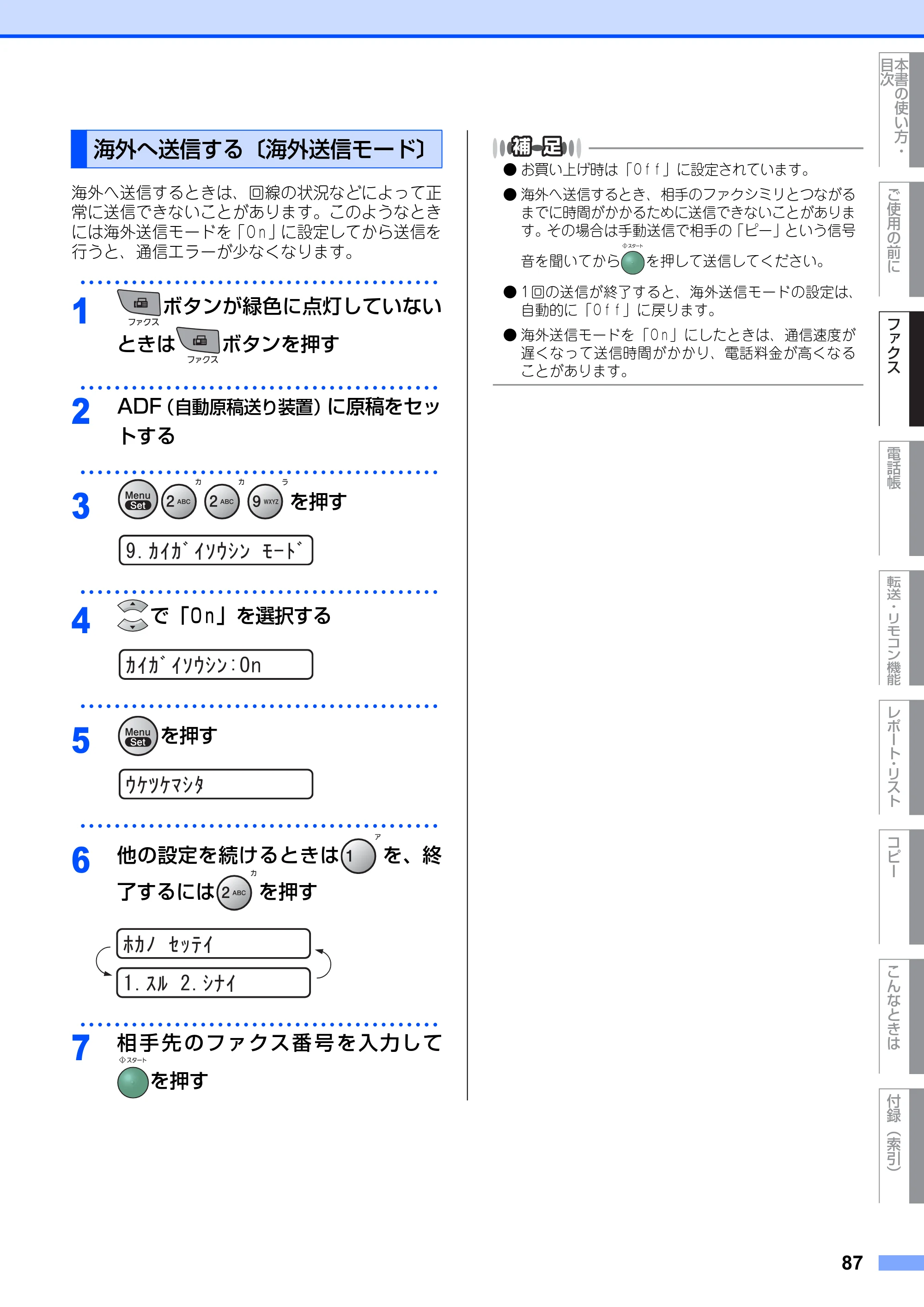 ブラザー FAX-2810N 取扱説明書（本体） — 海外へ送信する〔海外送信モード〕 — 原本ページ — 87ページ